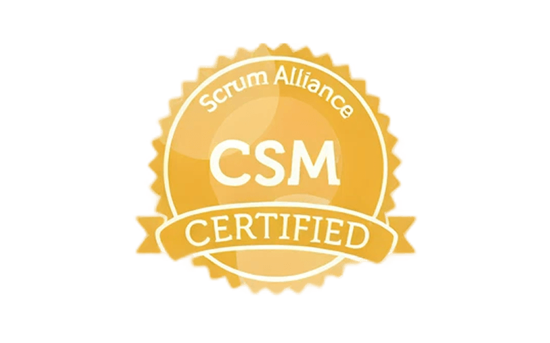 Scrum Alliance Certified CSM badge in gold with a circular design and ribbon banner.