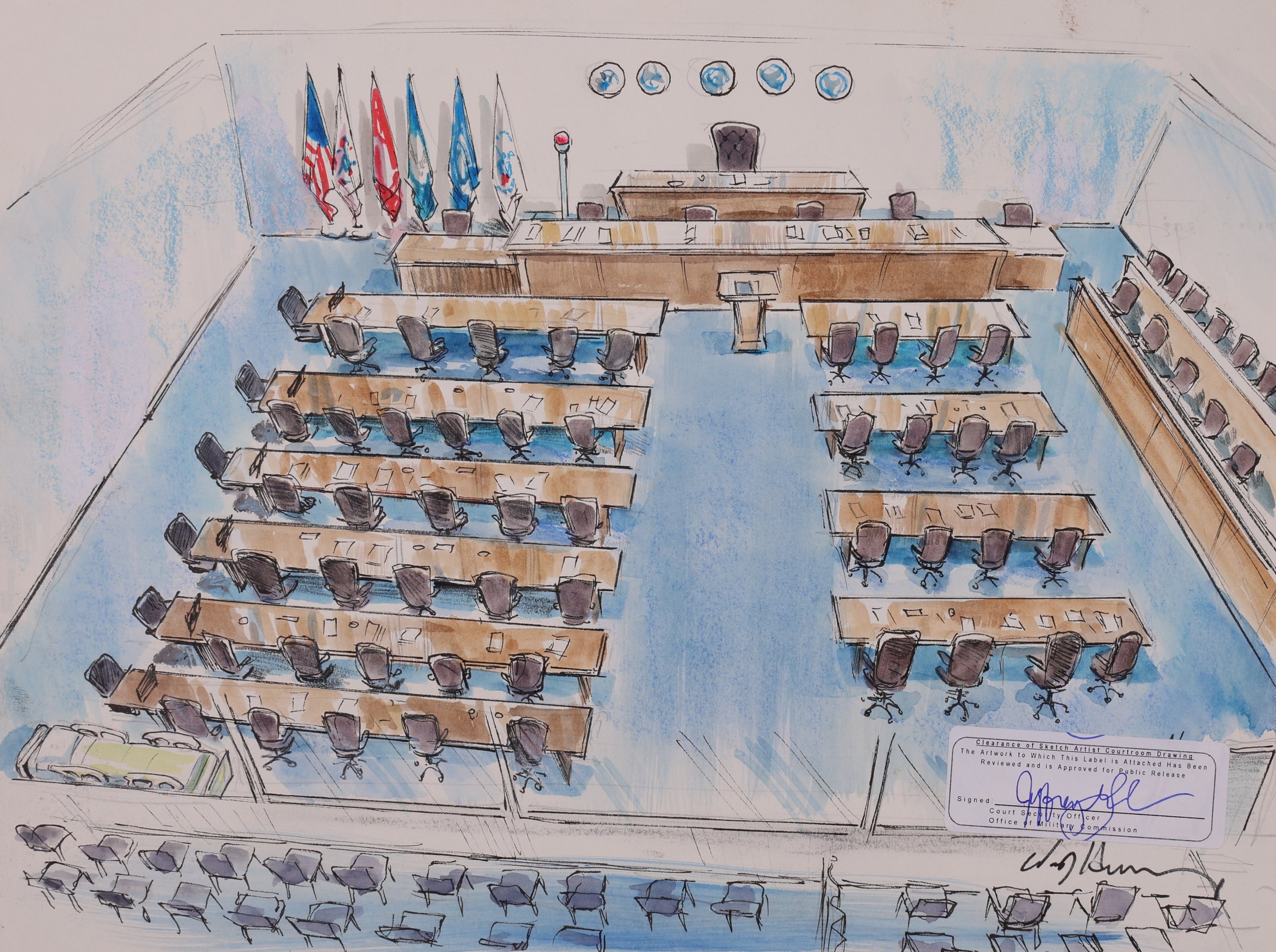 United States v. Khalid Sheikh Mohammed, et al. “9/11 Conspirators” (2021). Office of Military Commission CCTV Site, Fort Meade, Maryland. Pastel on paper, 20x26. 