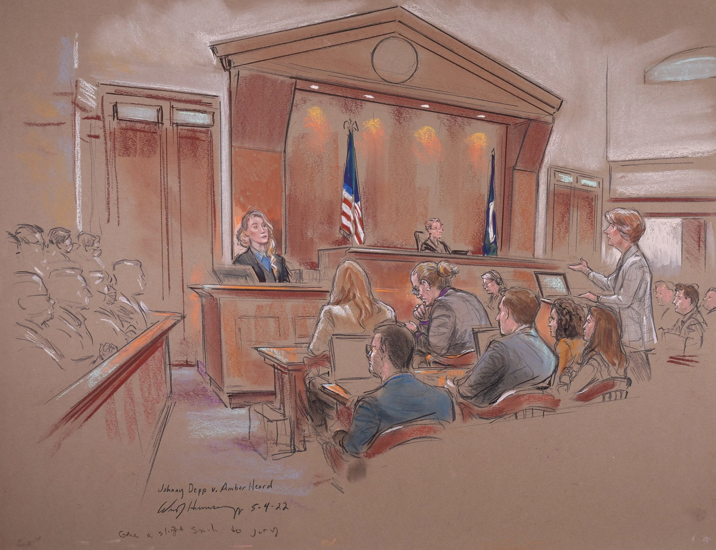 John C. Depp, II v. Amber Laura Heard (2023). Fairfax Circuit Court (19th Judicial Circuit). Pastel on paper, 20x26. 
