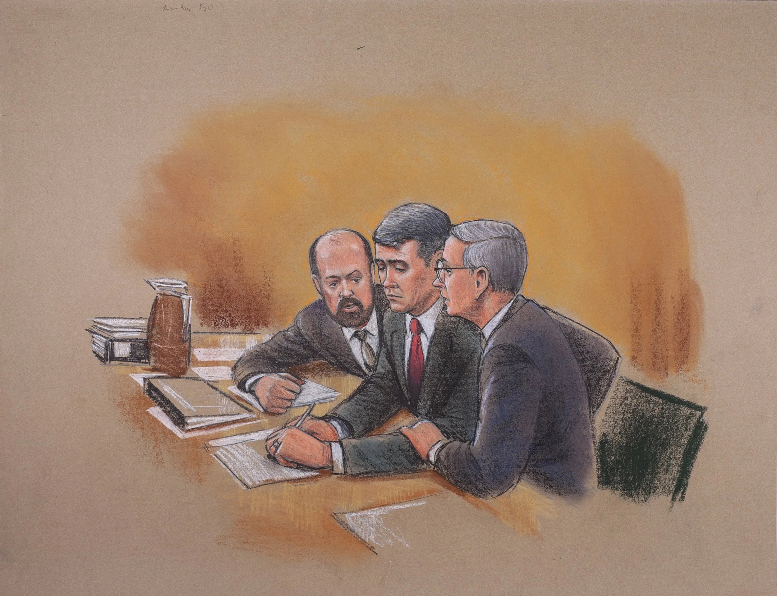 Iran Contra - Oliver North Pre-Trial Hearings (1987). Federal Court of the District of Columbia. Pastel on paper, 20x26. 