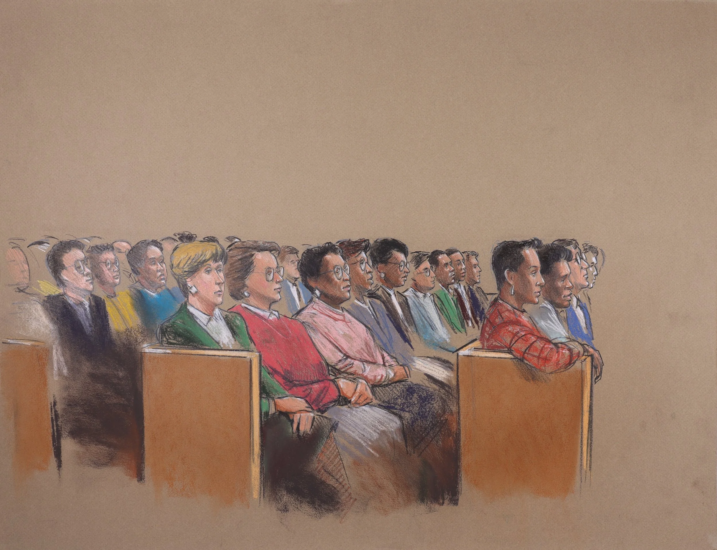Iran Contra - Oliver North Pre-Trial Hearings (1987). Federal Court of the District of Columbia. Pastel on paper, 20x26. 