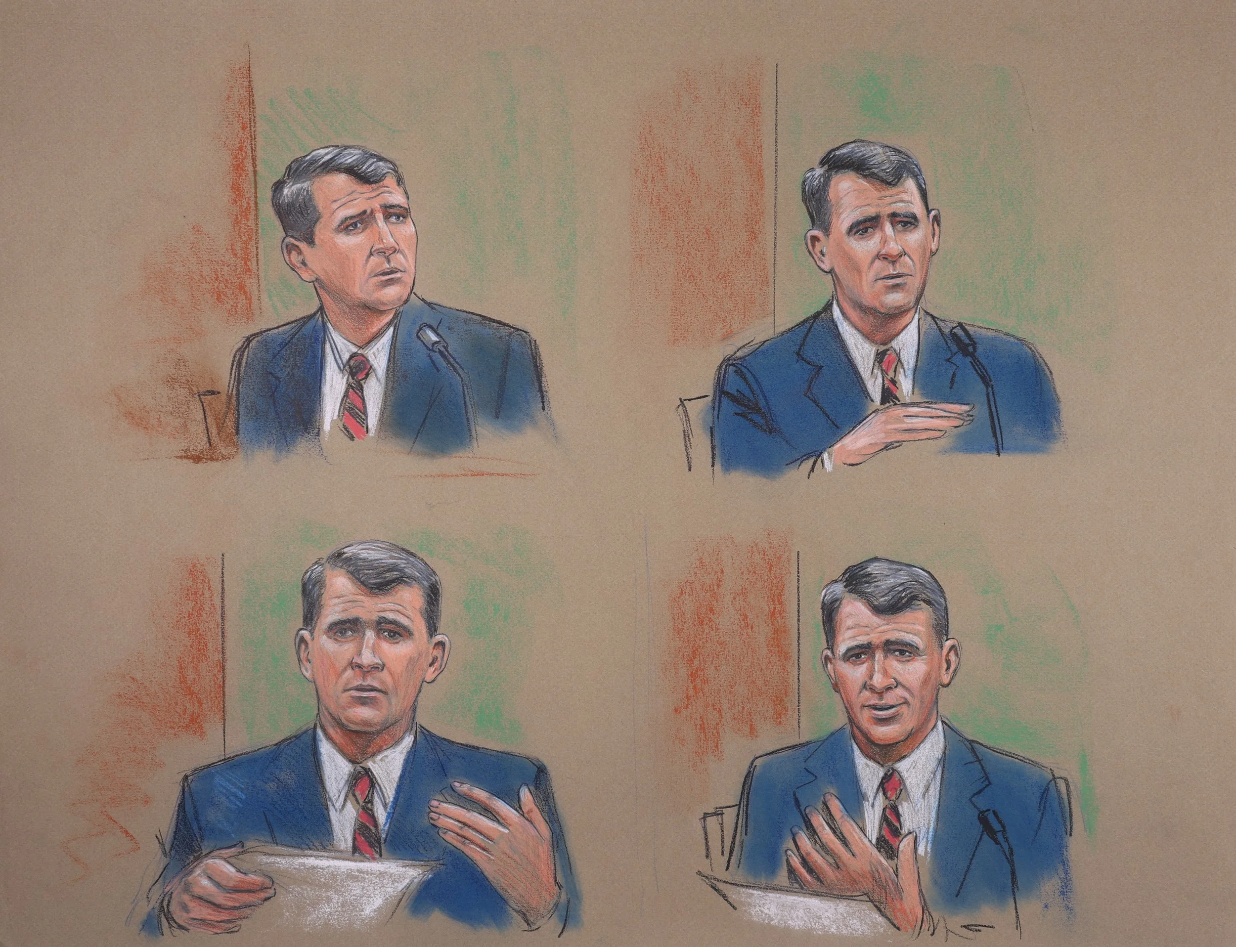 Iran Contra - Oliver North Pre-Trial Hearings (1987). Federal Court of the District of Columbia. Pastel on paper, 20x26. 
