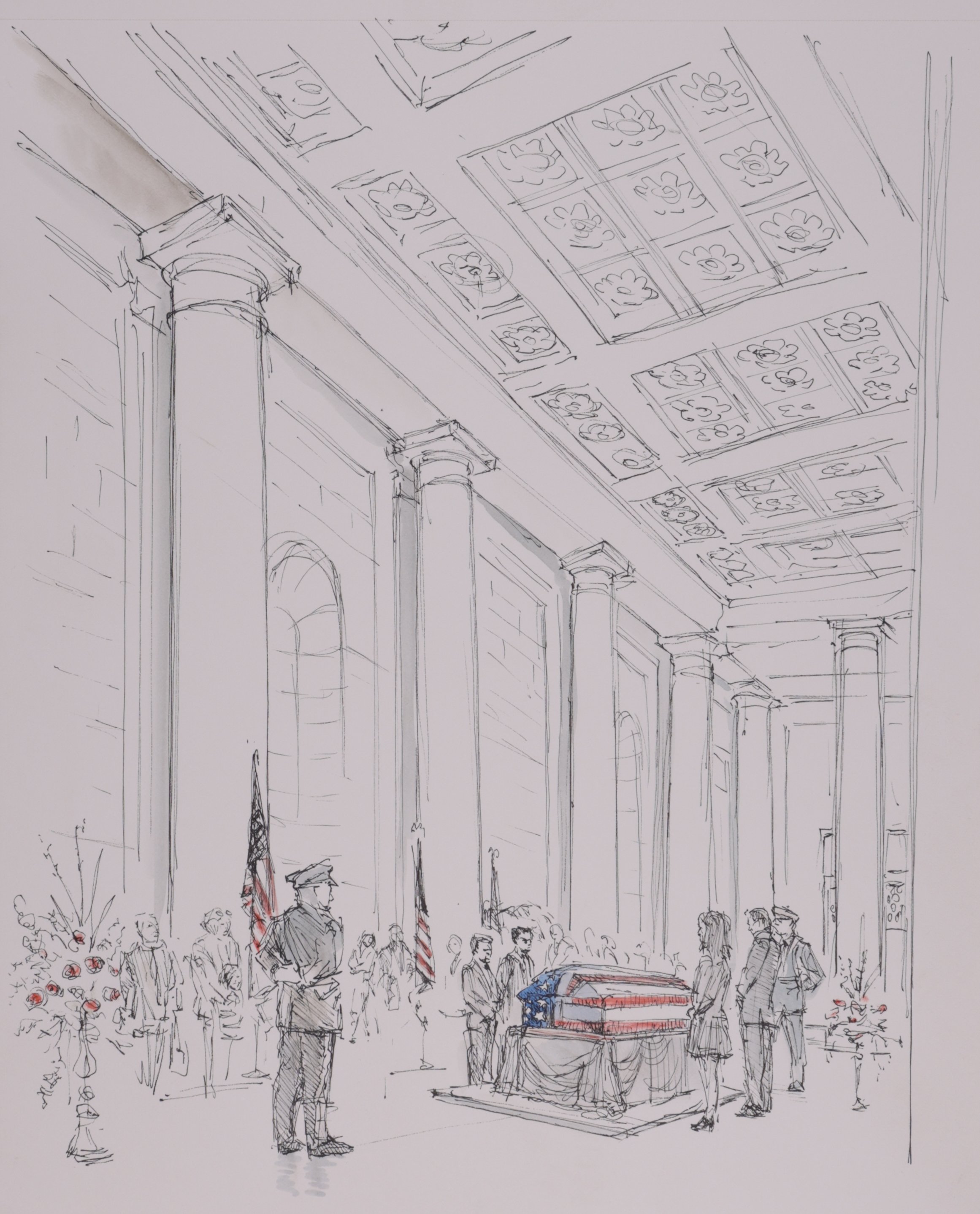 Casket on display covered in American Flag. Watercolor on Paper, 9x12.