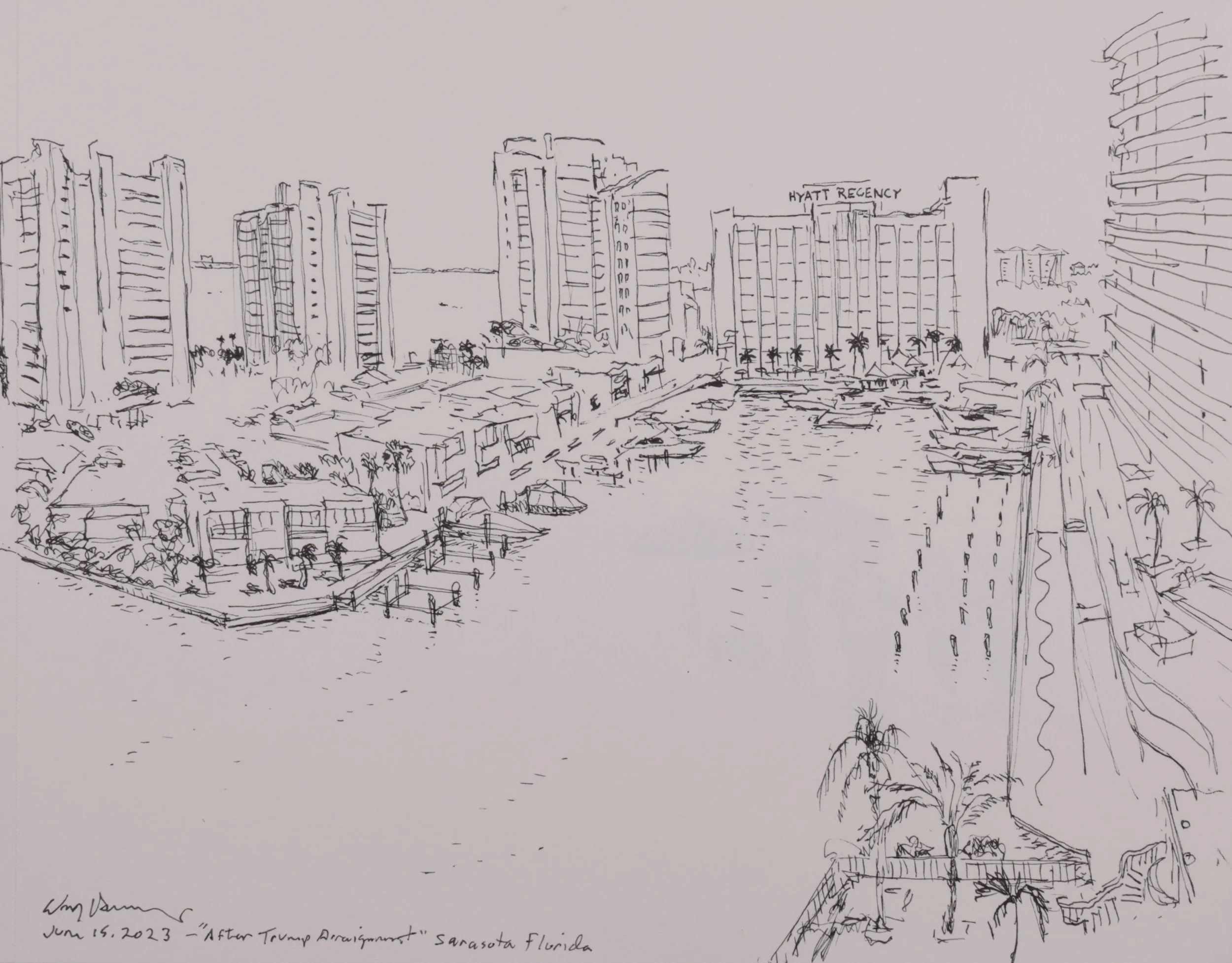 After Trump arraignment in Sarasota, FL (2023). Pen on Paper, 8x10.