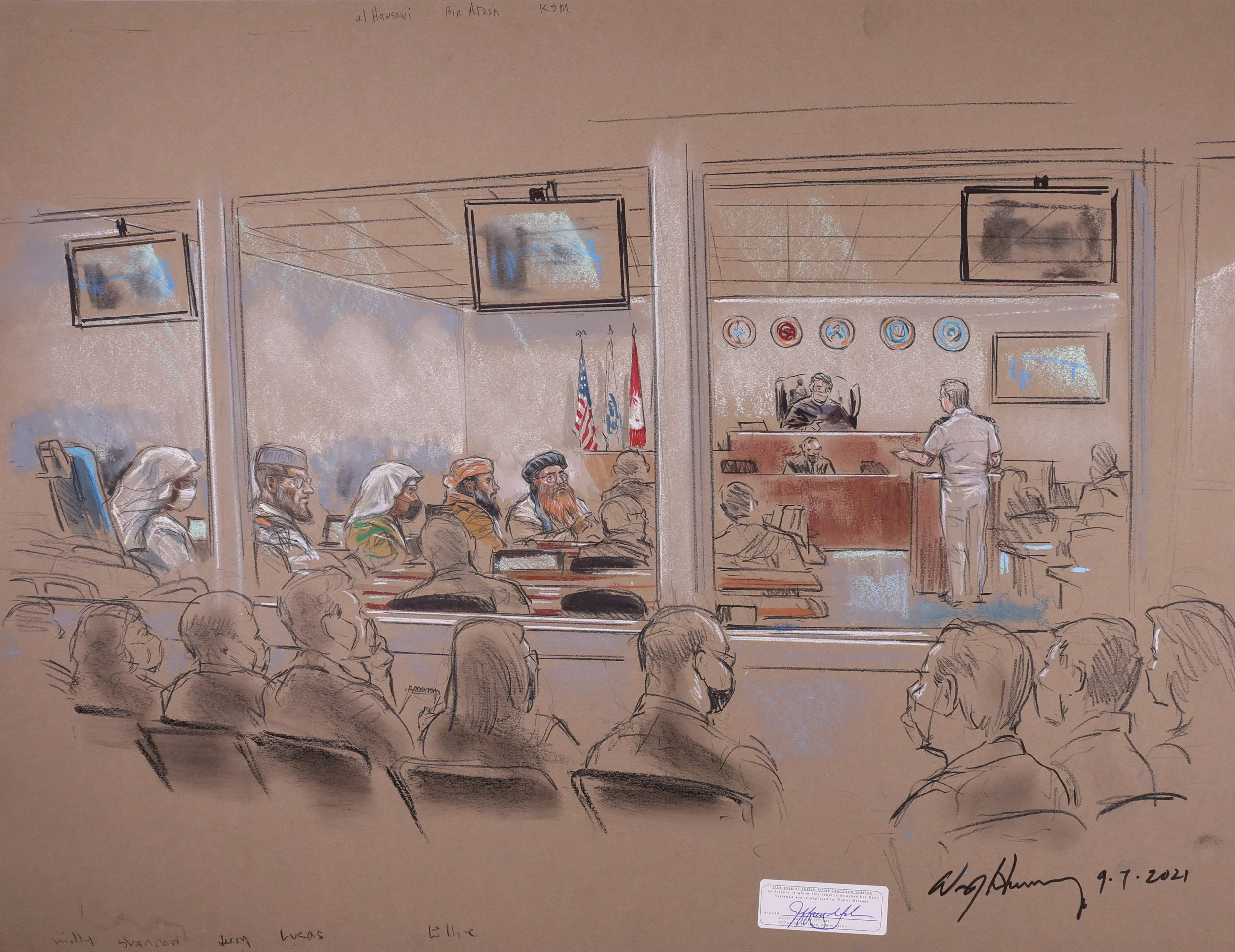 United States v. Khalid Sheikh Mohammed, et al. “9/11 Conspirators” (2021). Office of Military Commission CCTV Site, Fort Meade, Maryland. Pastel on paper, 20x26. 