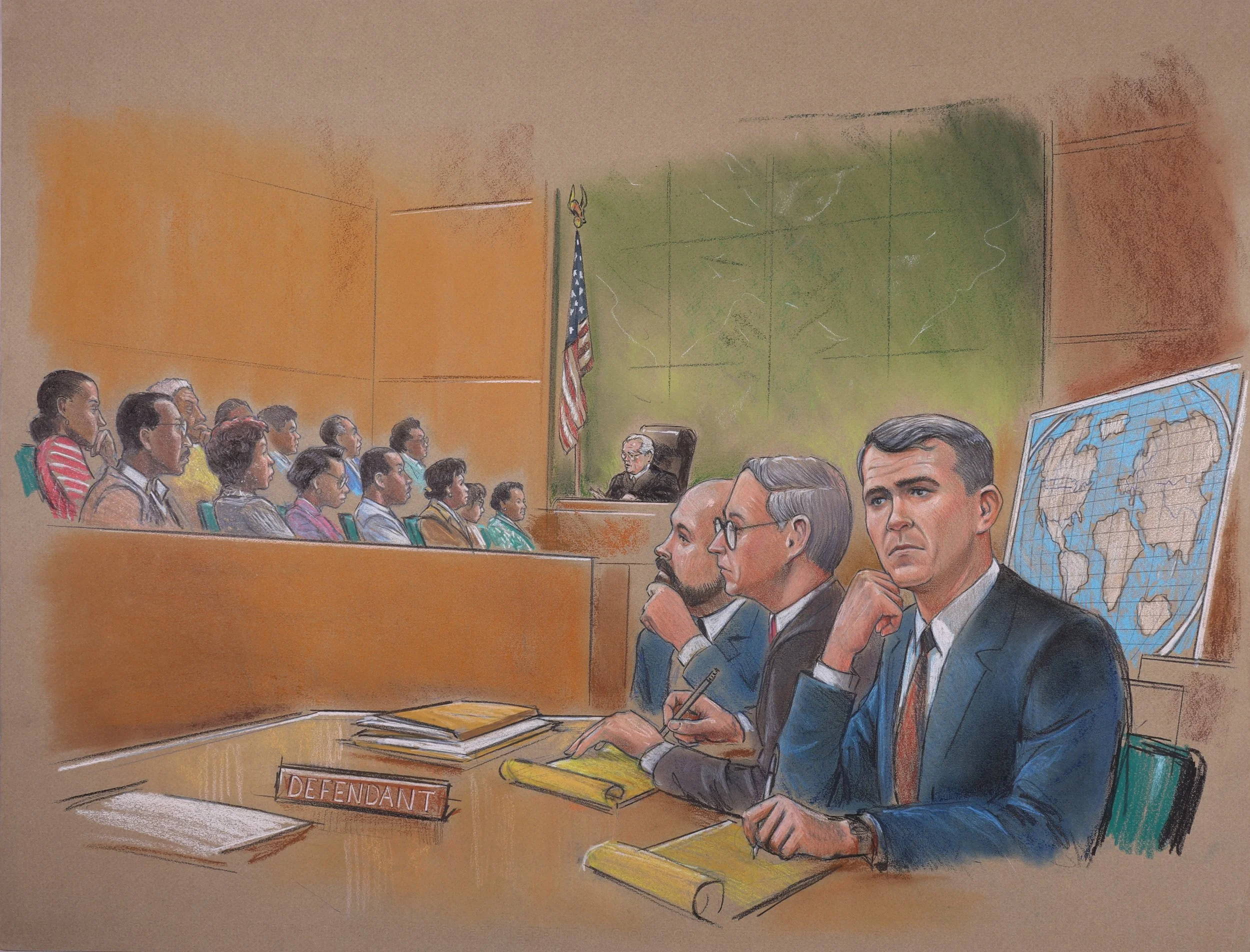 Iran Contra - Oliver North Pre-Trial Hearings (1987). Federal Court of the District of Columbia. Pastel on paper, 20x26. 