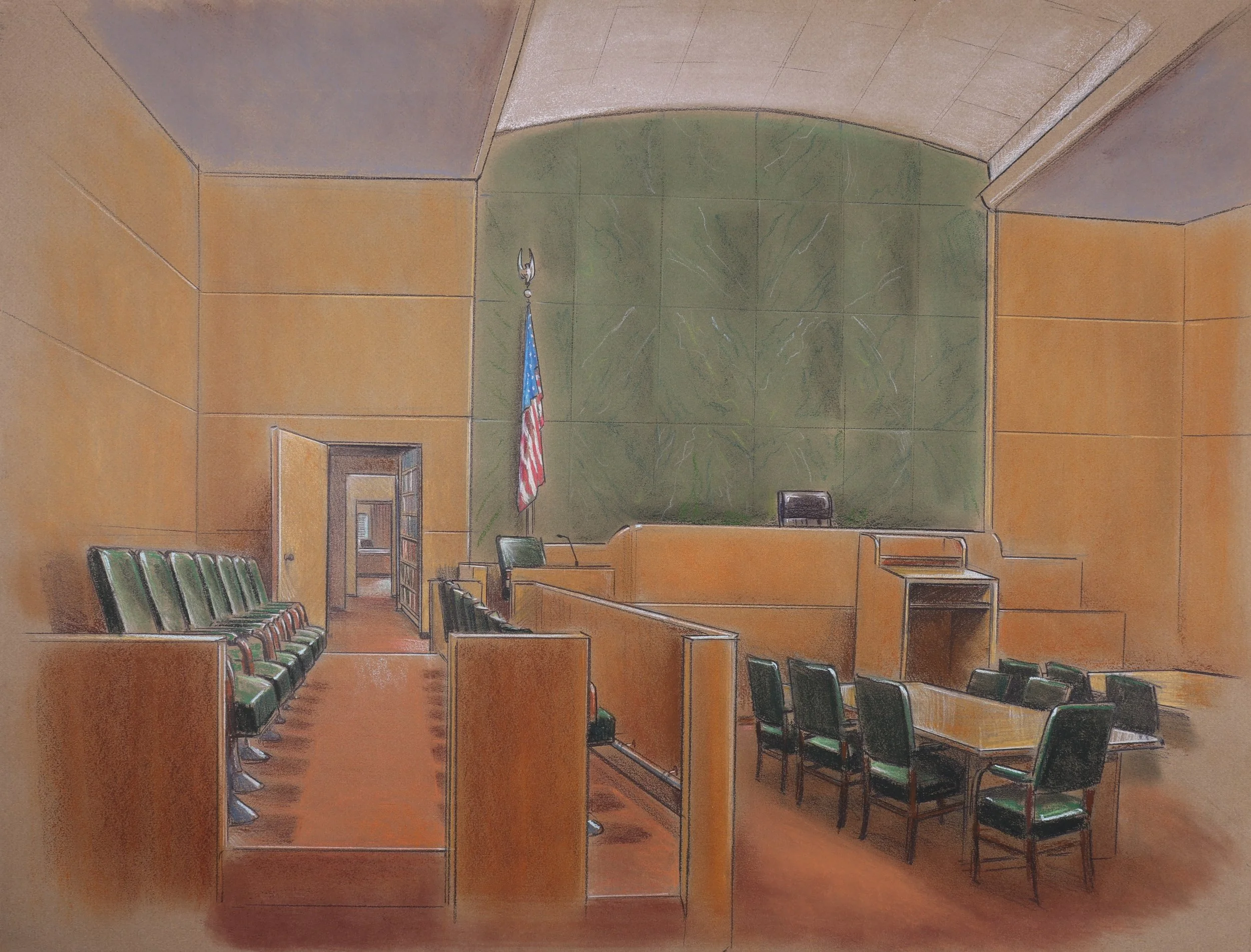 Iran Contra - Oliver North Pre-Trial Hearings (1987). Federal Court of the District of Columbia. Pastel on paper, 20x26. 