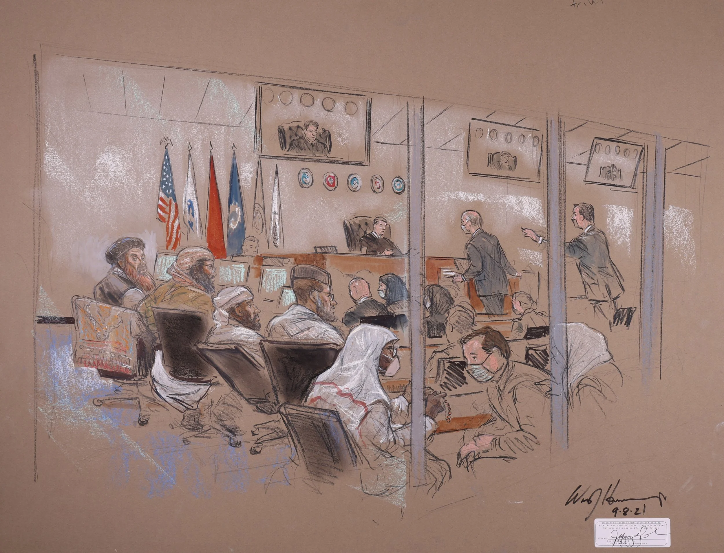United States v. Khalid Sheikh Mohammed, et al. “9/11 Conspirators” (2021). Office of Military Commission CCTV Site, Fort Meade, Maryland. Pastel on paper, 20x26. 