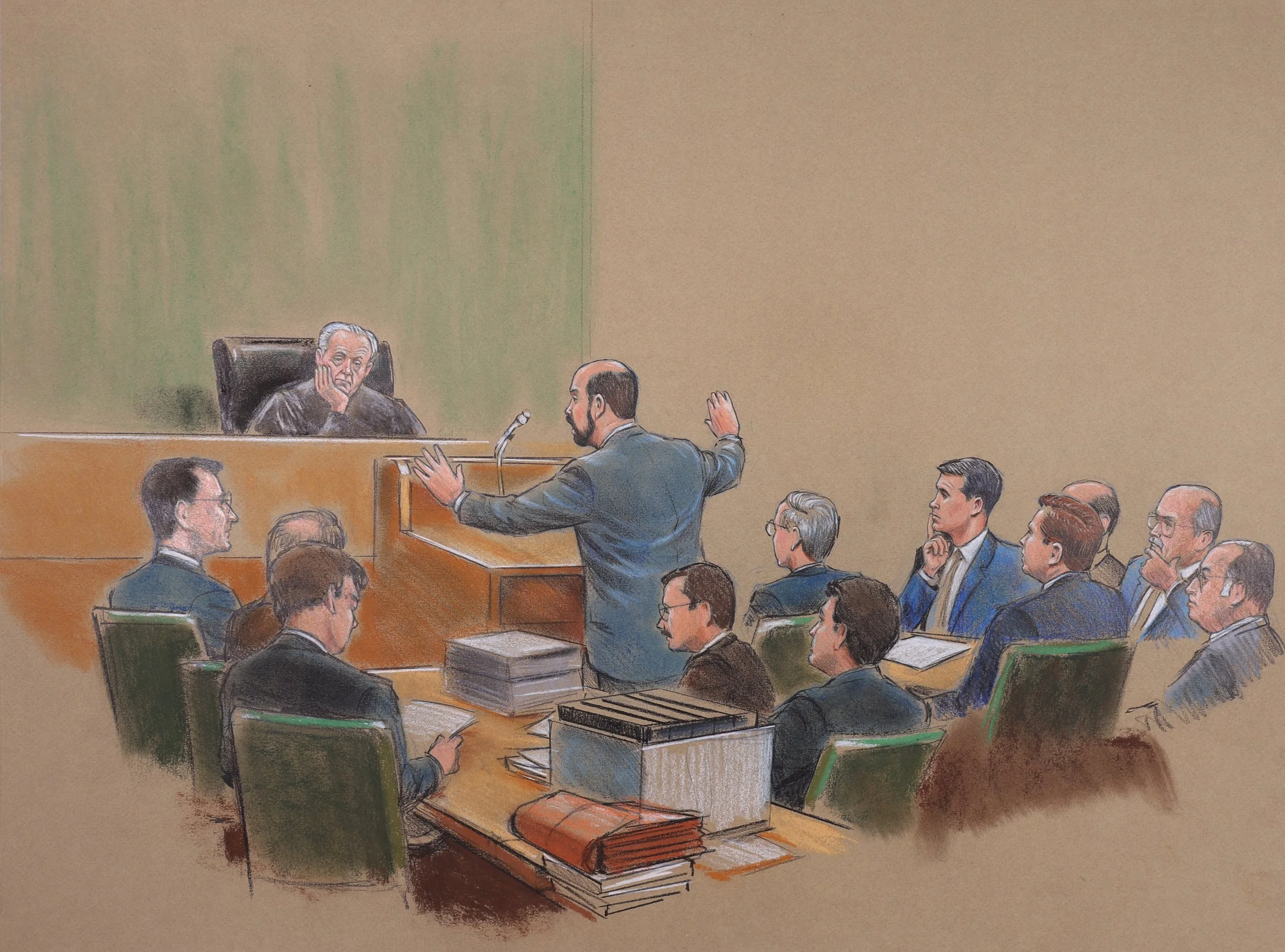 Iran Contra - Oliver North Pre-Trial Hearings (1987). Federal Court of the District of Columbia. Pastel on paper, 20x26. 