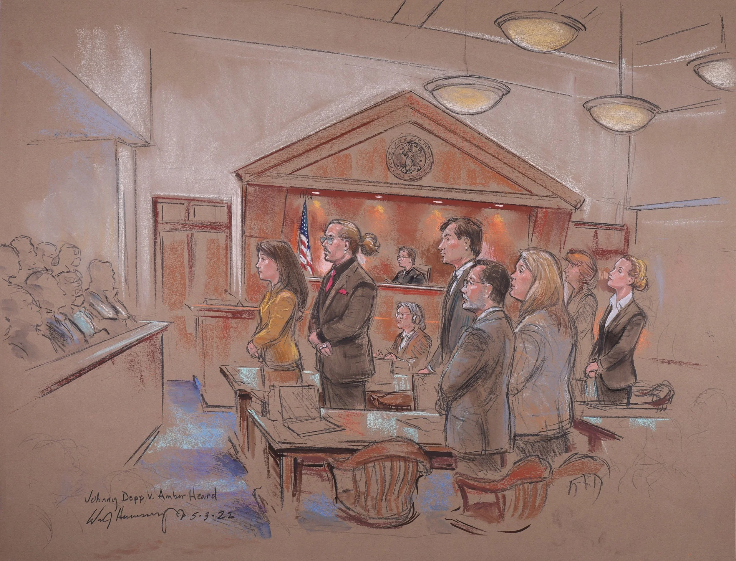 John C. Depp, II v. Amber Laura Heard (2023). Fairfax Circuit Court (19th Judicial Circuit). Pastel on paper, 20x26. 