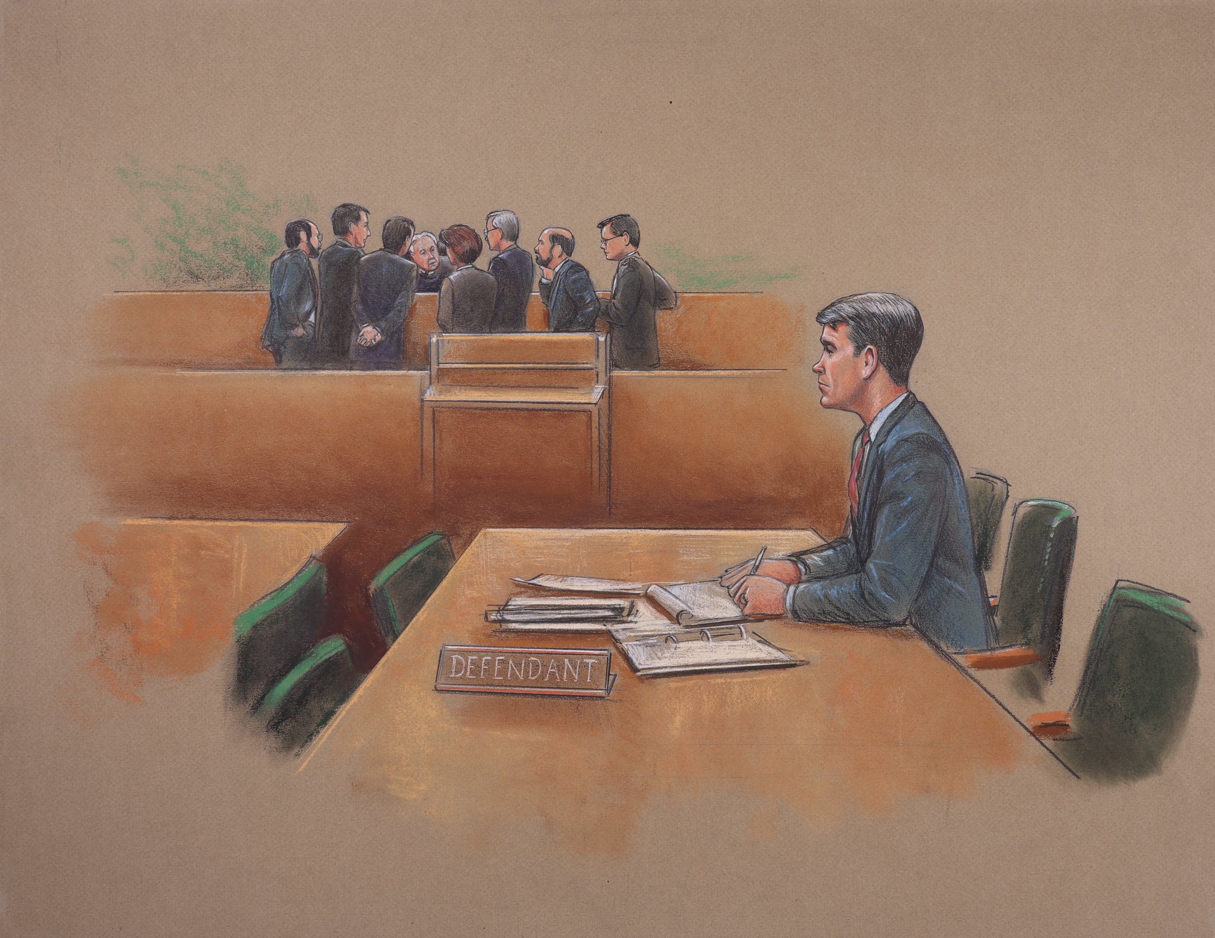 Iran Contra - Oliver North Pre-Trial Hearings (1987). Federal Court of the District of Columbia. Pastel on paper, 20x26. 