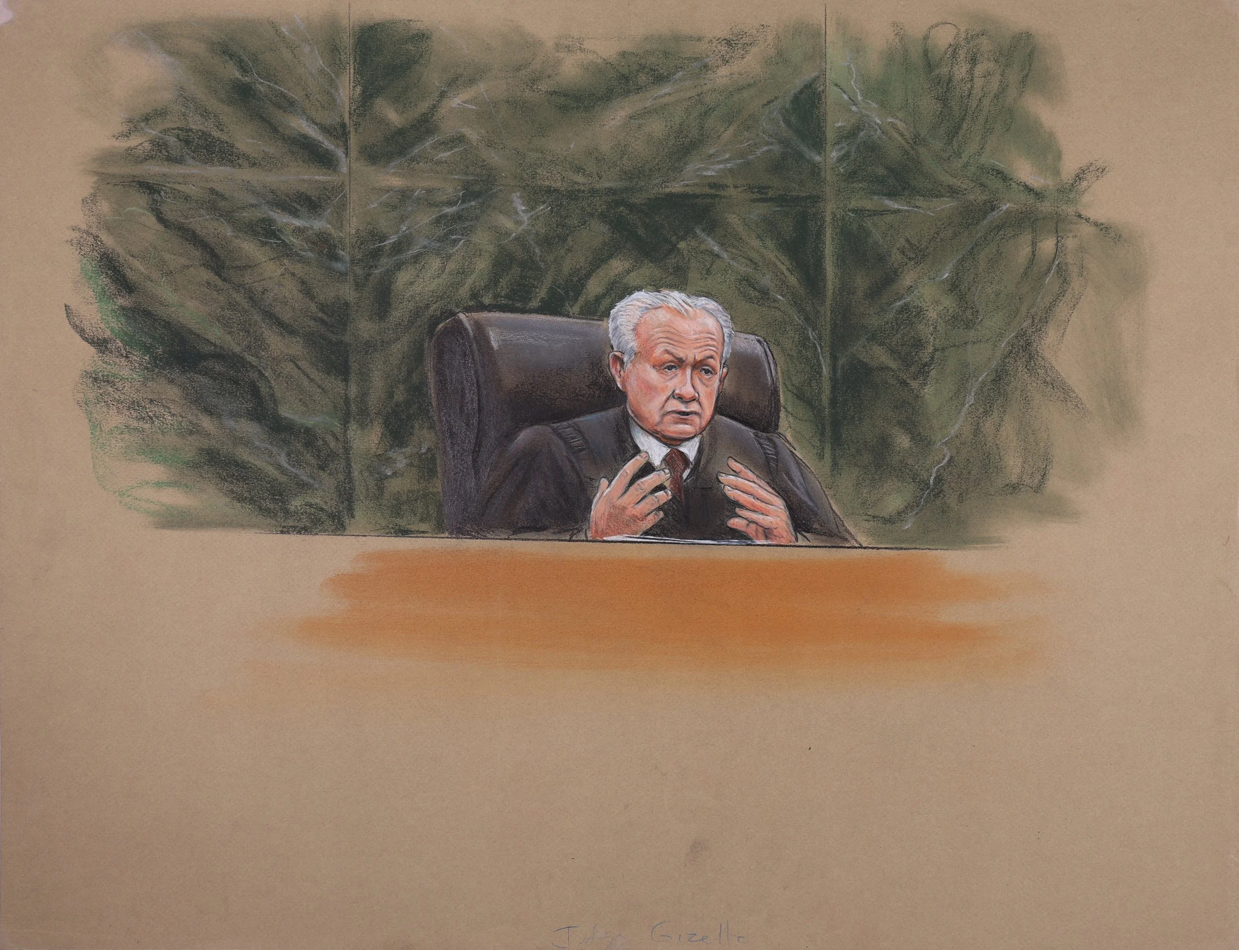 Iran Contra - Oliver North Pre-Trial Hearings (1987). Federal Court of the District of Columbia. Pastel on paper, 20x26. 