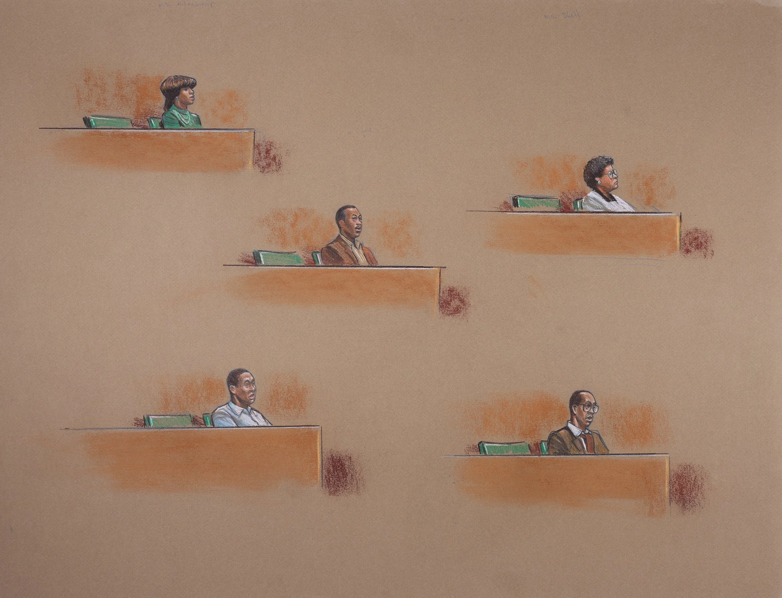Iran Contra - Oliver North Pre-Trial Hearings (1987). Federal Court of the District of Columbia. Pastel on paper, 20x26. 