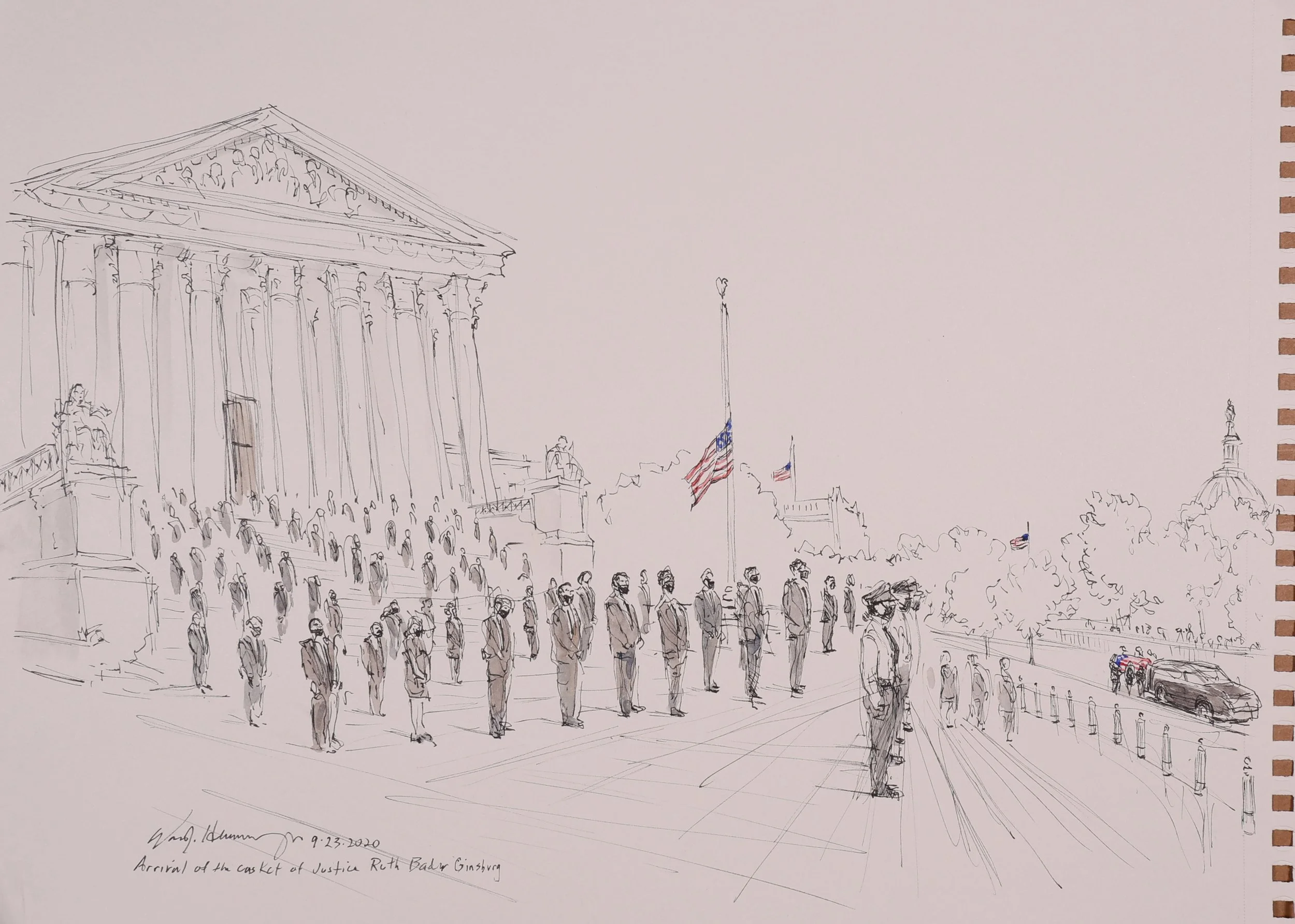 Arrival of the casket of Justice Ruth Bader Ginsburg (2020). Watercolor and ink, 9x12