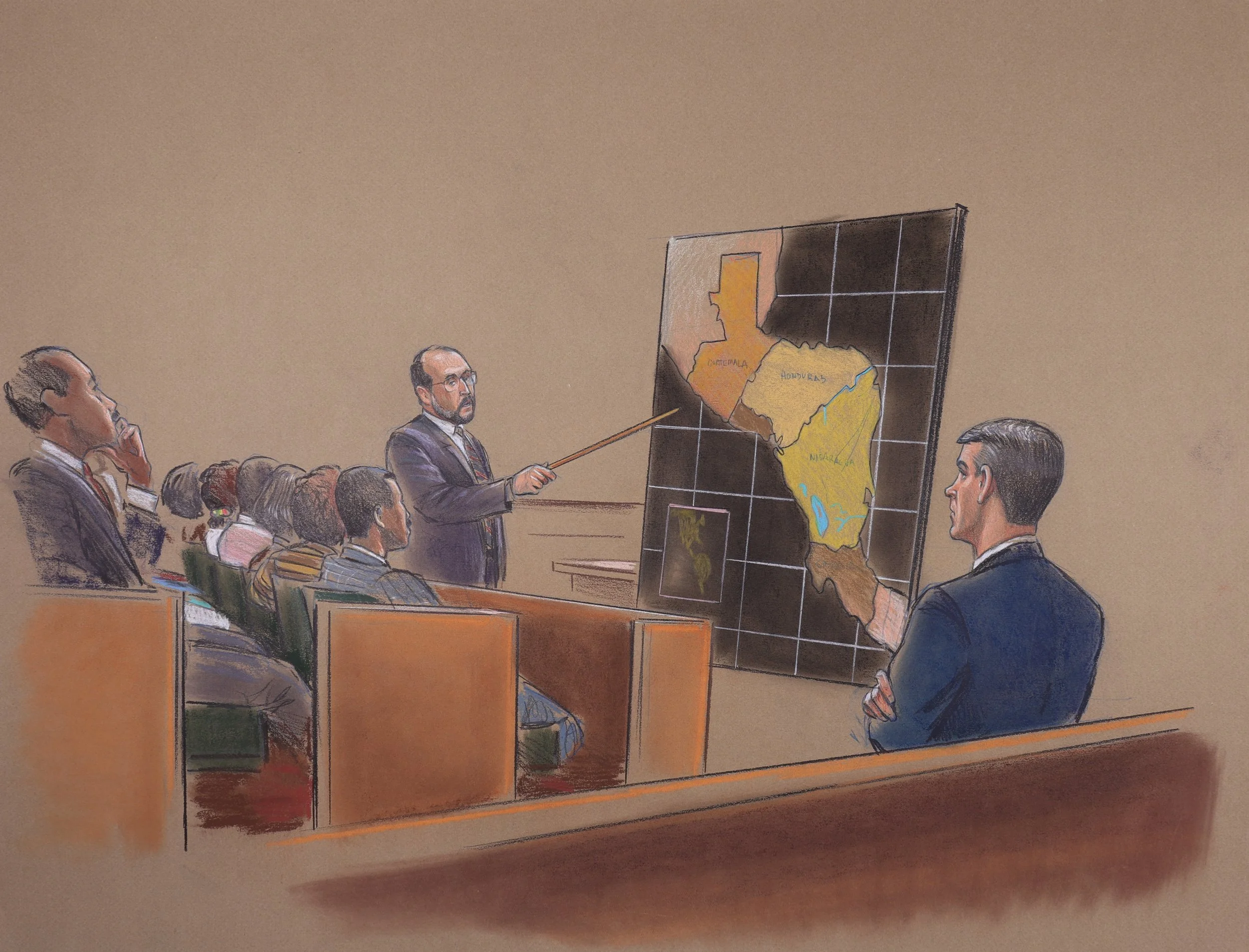 Iran Contra - Oliver North Pre-Trial Hearings (1987). Federal Court of the District of Columbia. Pastel on paper, 20x26. 