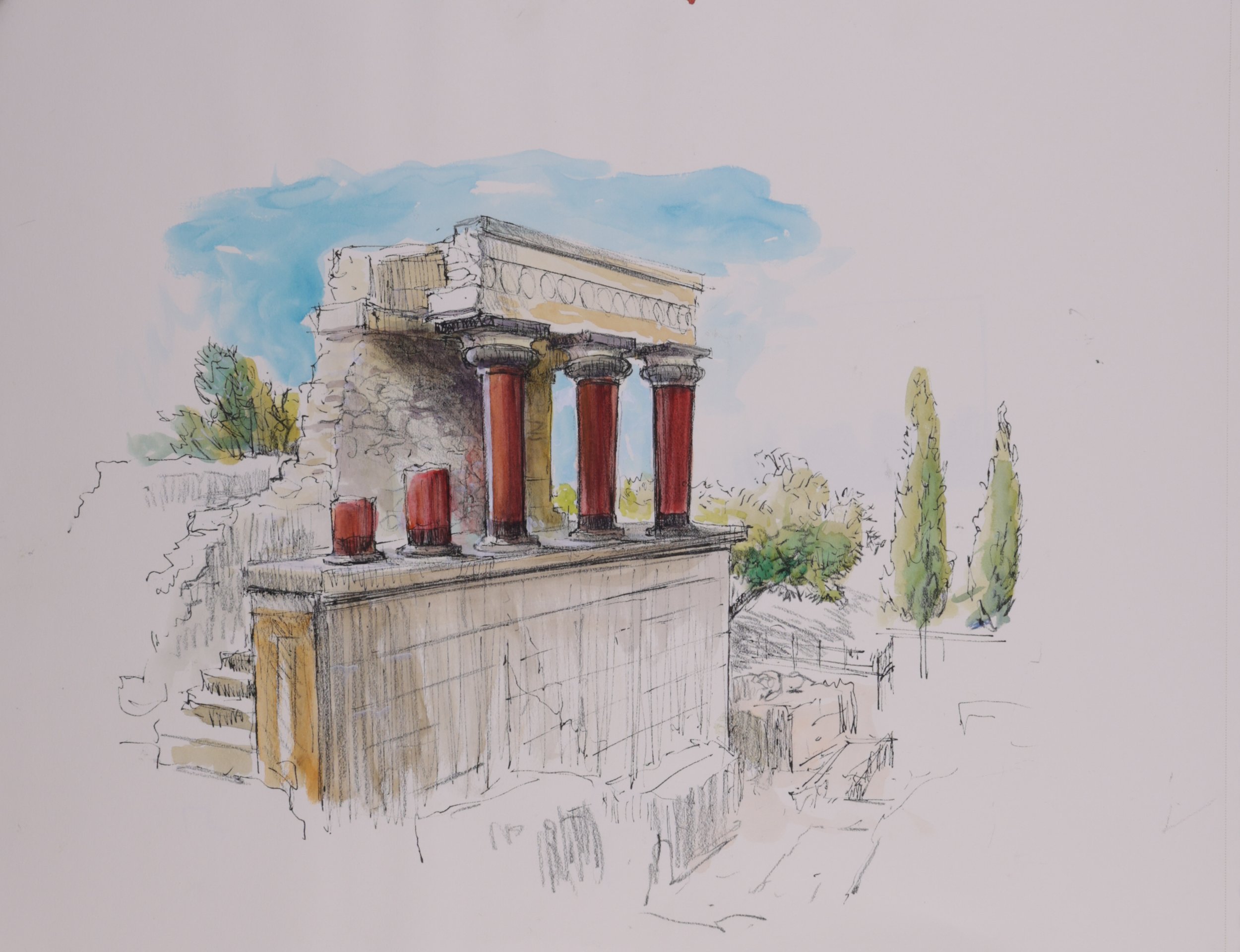 Broken Columns (2021). Watercolor on Paper, 11x14.