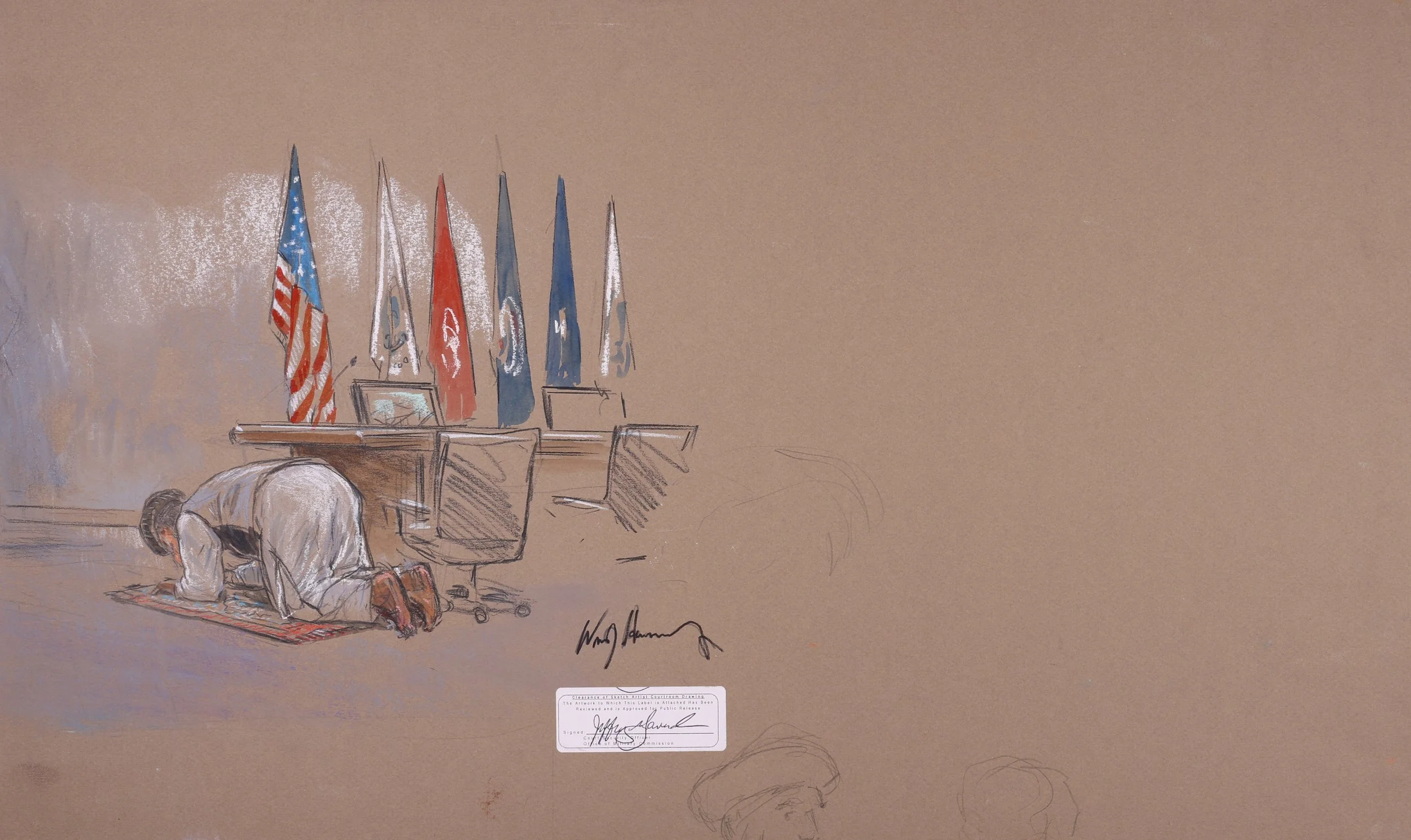 United States v. Khalid Sheikh Mohammed, et al. “9/11 Conspirators” (2021). Office of Military Commission CCTV Site, Fort Meade, Maryland. Pastel on paper, 20x26. 