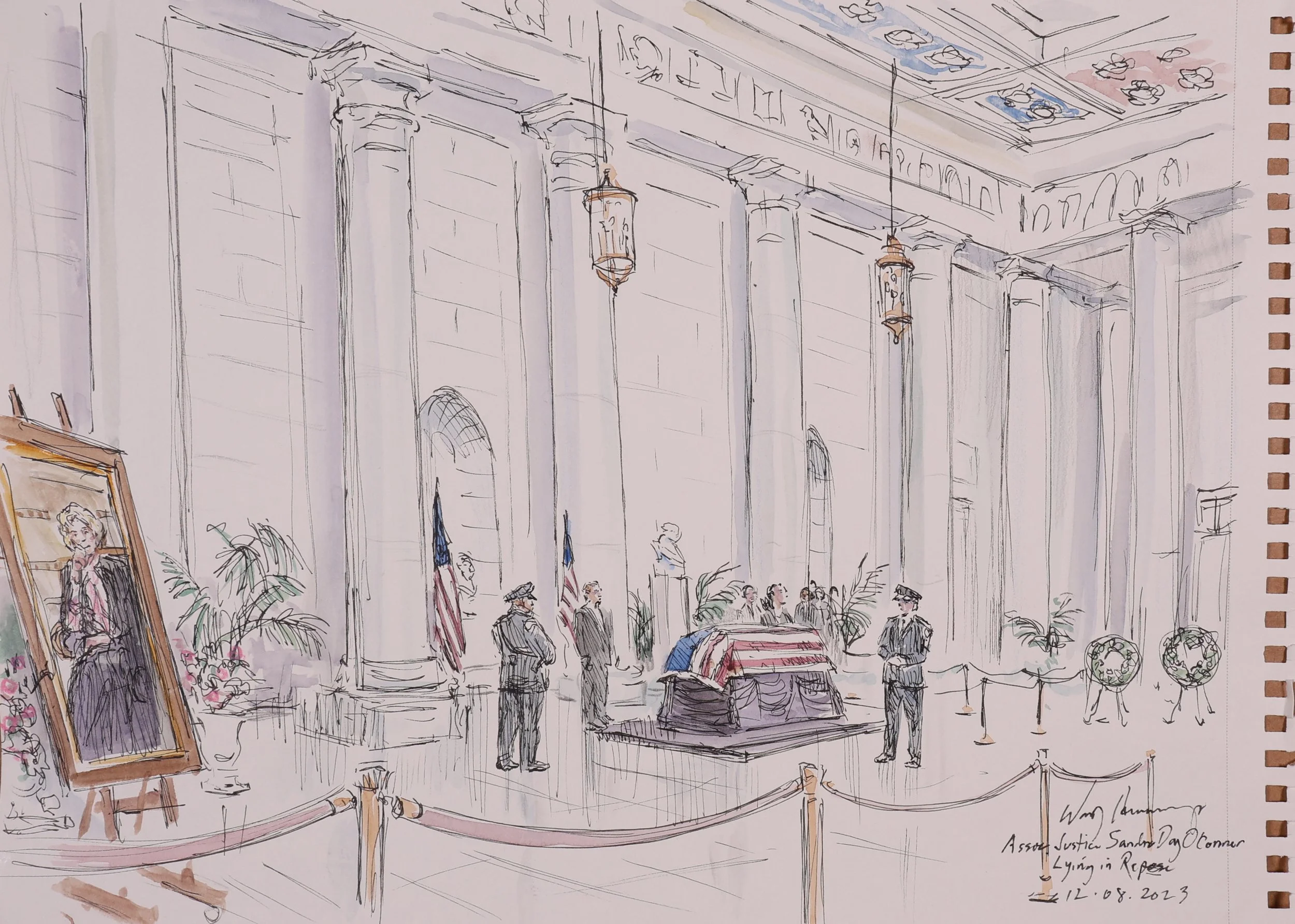 Associate Justice Sandra Day O'Connor Lying in Repose (2023). Watercolor and ink, 9x12.