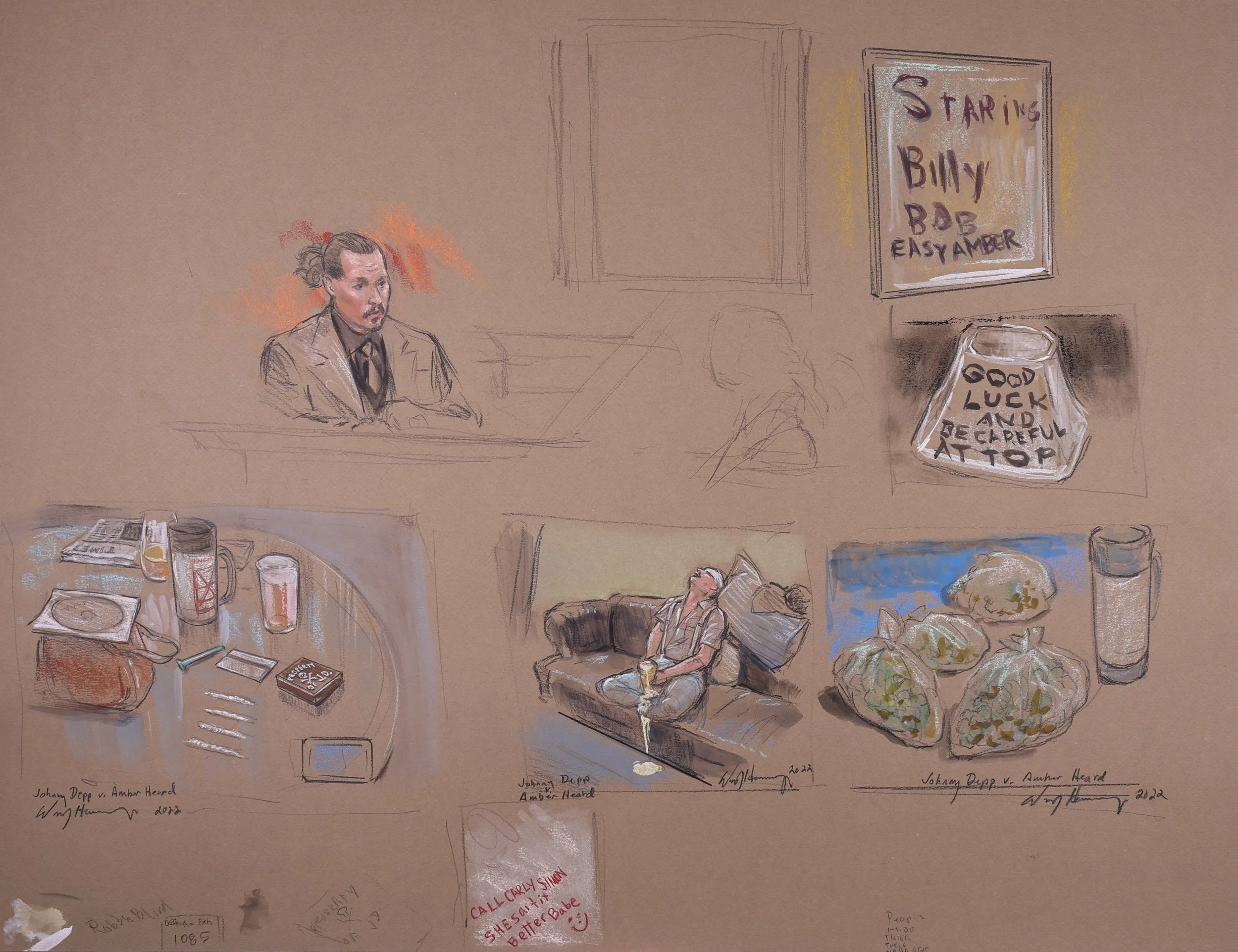 John C. Depp, II v. Amber Laura Heard (2023). Fairfax Circuit Court (19th Judicial Circuit). Pastel on paper, 20x26. 