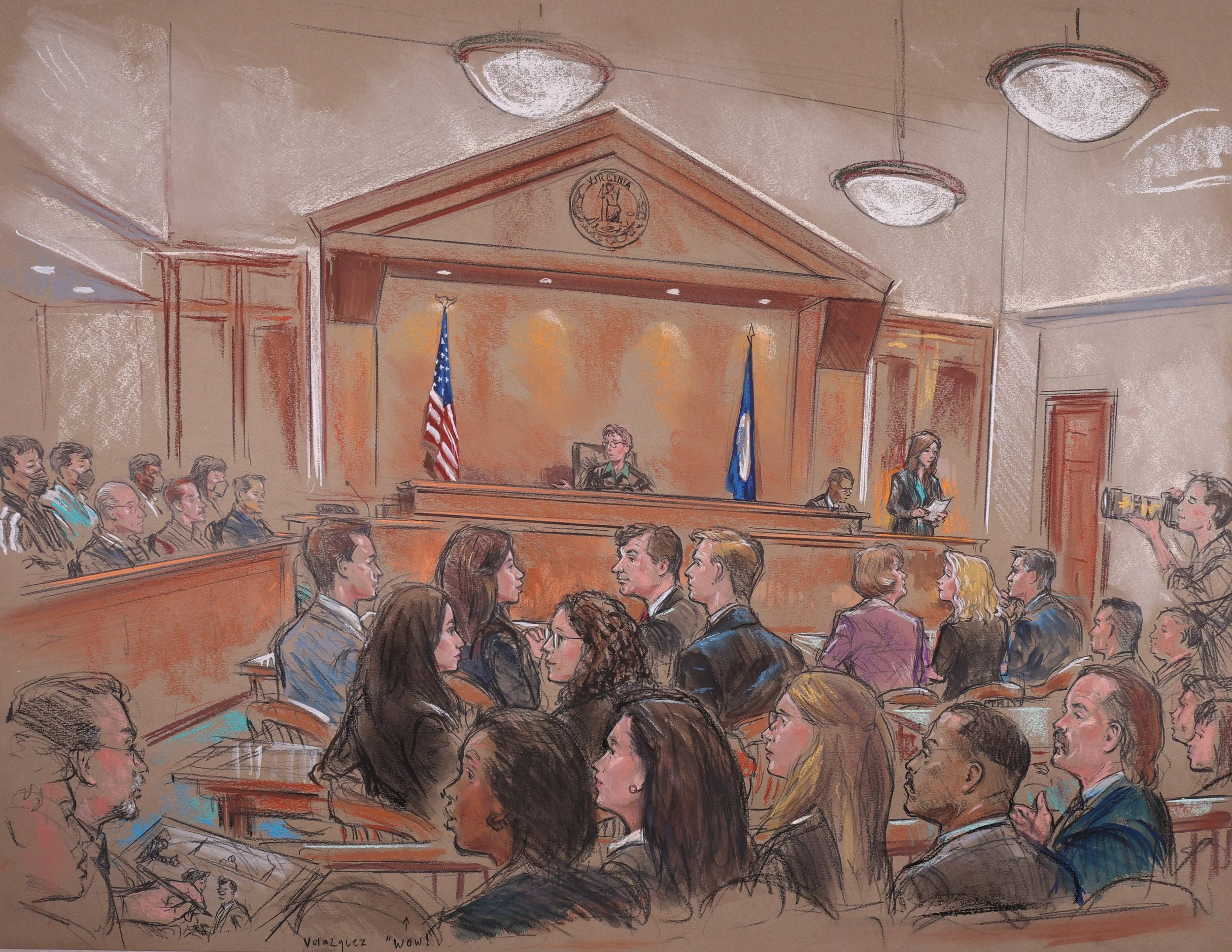John C. Depp, II v. Amber Laura Heard (2023). Fairfax Circuit Court (19th Judicial Circuit). Pastel on paper, 20x26. 