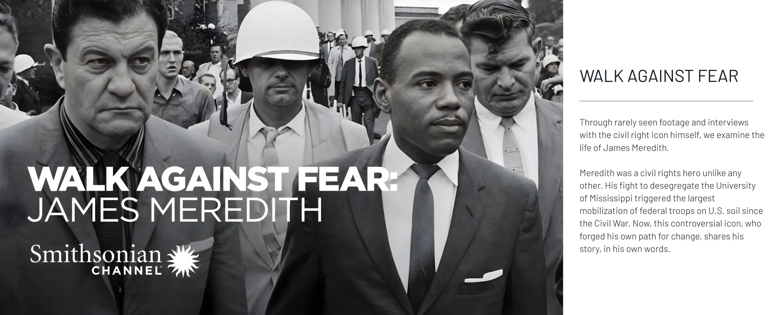 Black-and-white photograph of James Meredith, a civil rights figure, walking with a group of men, including some wearing suits and others wearing helmets, during a protest or march.
