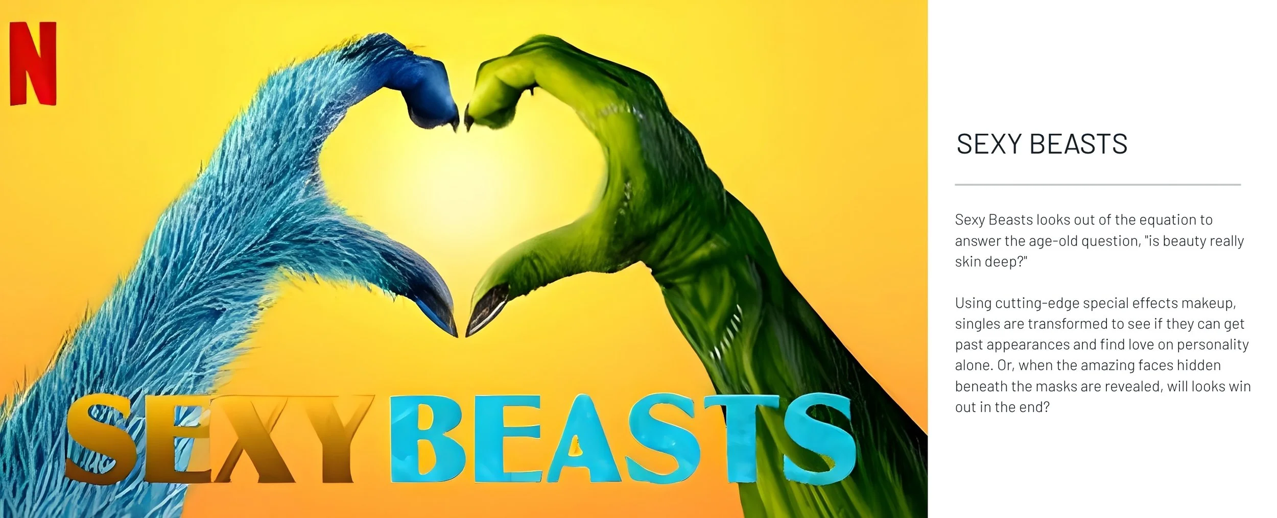 Digital artwork showing two bird claws, one blue and one green, forming a heart shape against a yellow background. The title 'SEXY BEASTS' is displayed, with a Netflix logo in the top left corner.