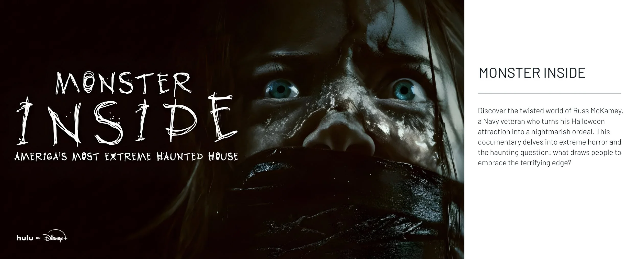 Close-up of a child's face with dark makeup and unsettling expression, part of promotional material for the documentary 'Monster Inside.'