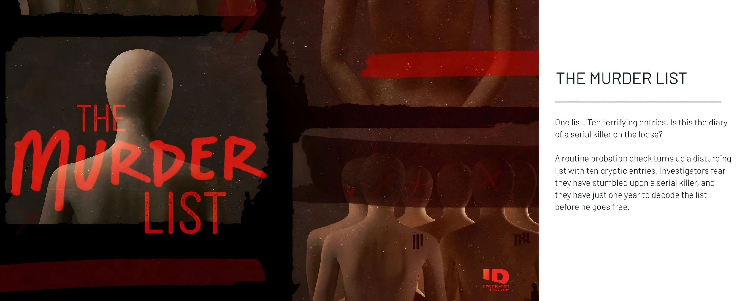 Cover of a book titled "The Murder List" with a dark background, red splashes, and a silhouette of a faceless mannequin with a red "X" mark on the chest. The title "The Murder List" is in red and black text, and there is a brief description on the ri