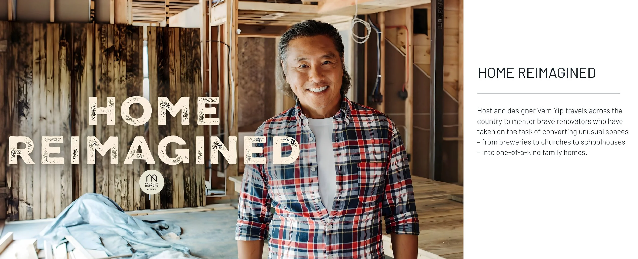 Smiling man in plaid shirt standing inside a wooden construction site discussing home renovations.
