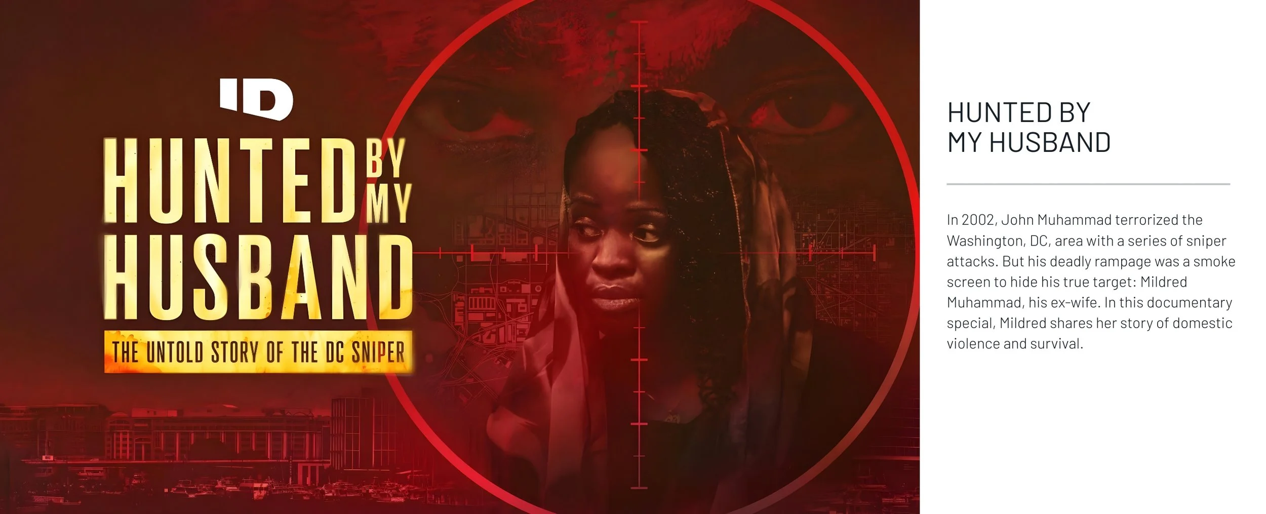 Poster for the documentary "Hunted by My Husband" featuring a red target overlay on a woman's face, with text about her story of domestic violence and survival.