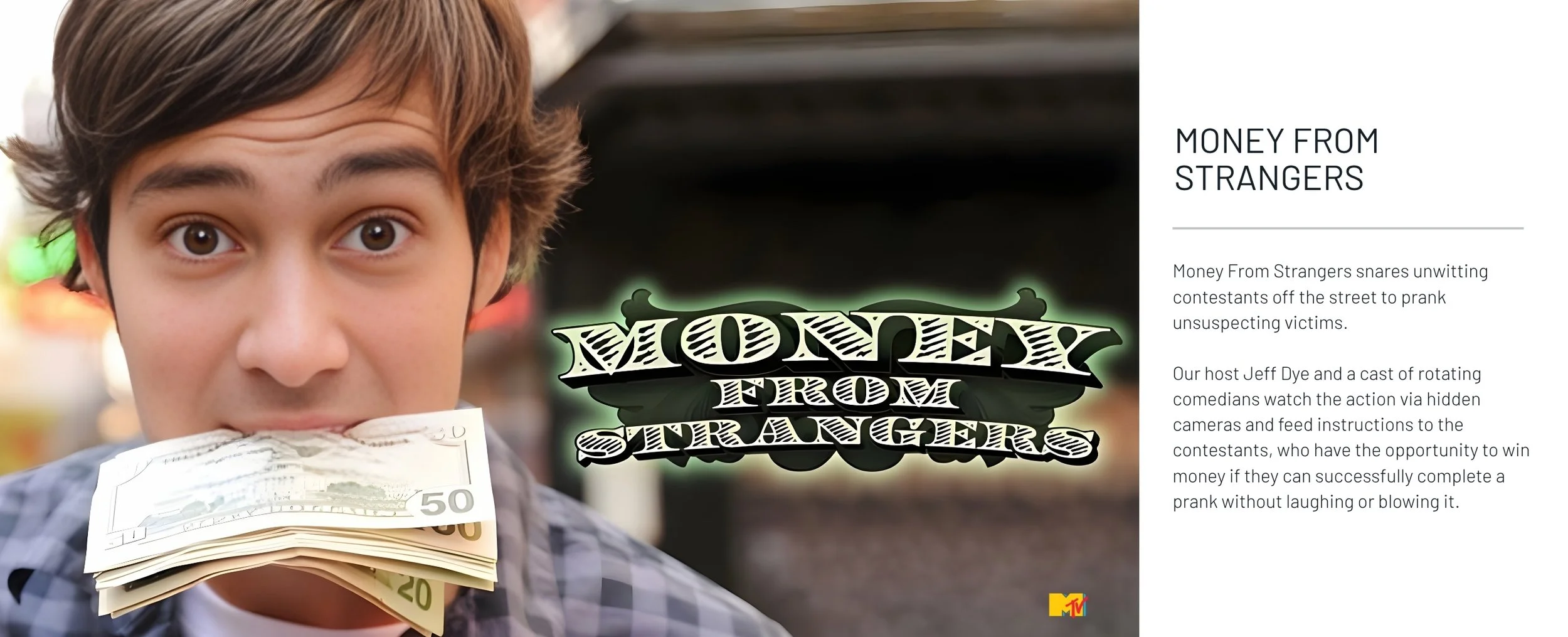 A young man with brown hair holding a stack of cash in his mouth, with a blurred street scene in the background.