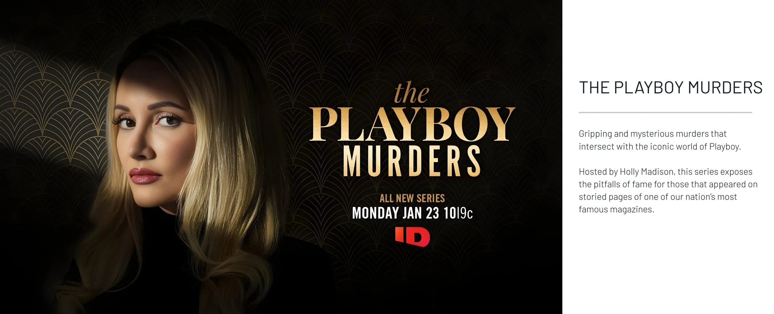 Promotional poster for the TV series 'The Playboy Murders' featuring a woman with blonde hair on a dark background with gold accents, and text about the series premiere on January 23rd on ID.