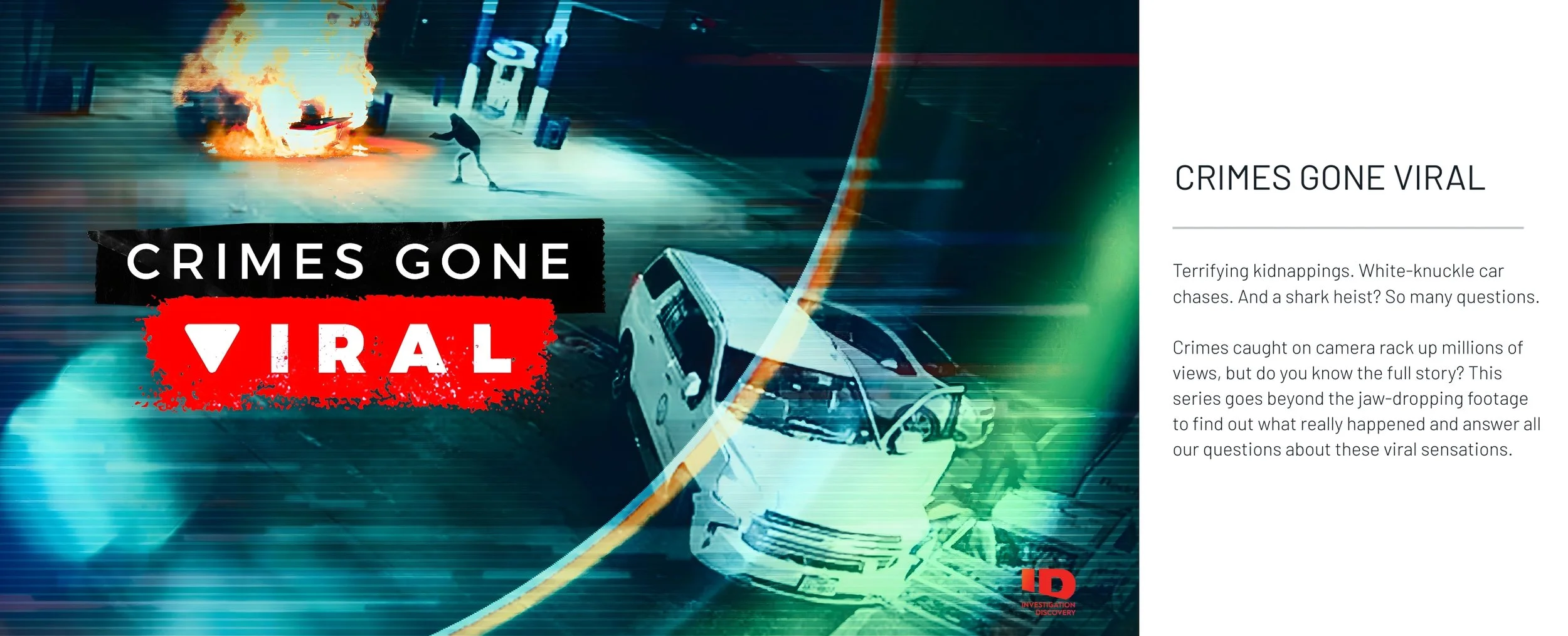 A digital collage featuring a burning car, a police vehicle, and a person running, with digital distortion effects. Text reads "CRIMES GONE VIRAL" and "CRIMES GONE VIRAL" with a red and black graphic in the center.