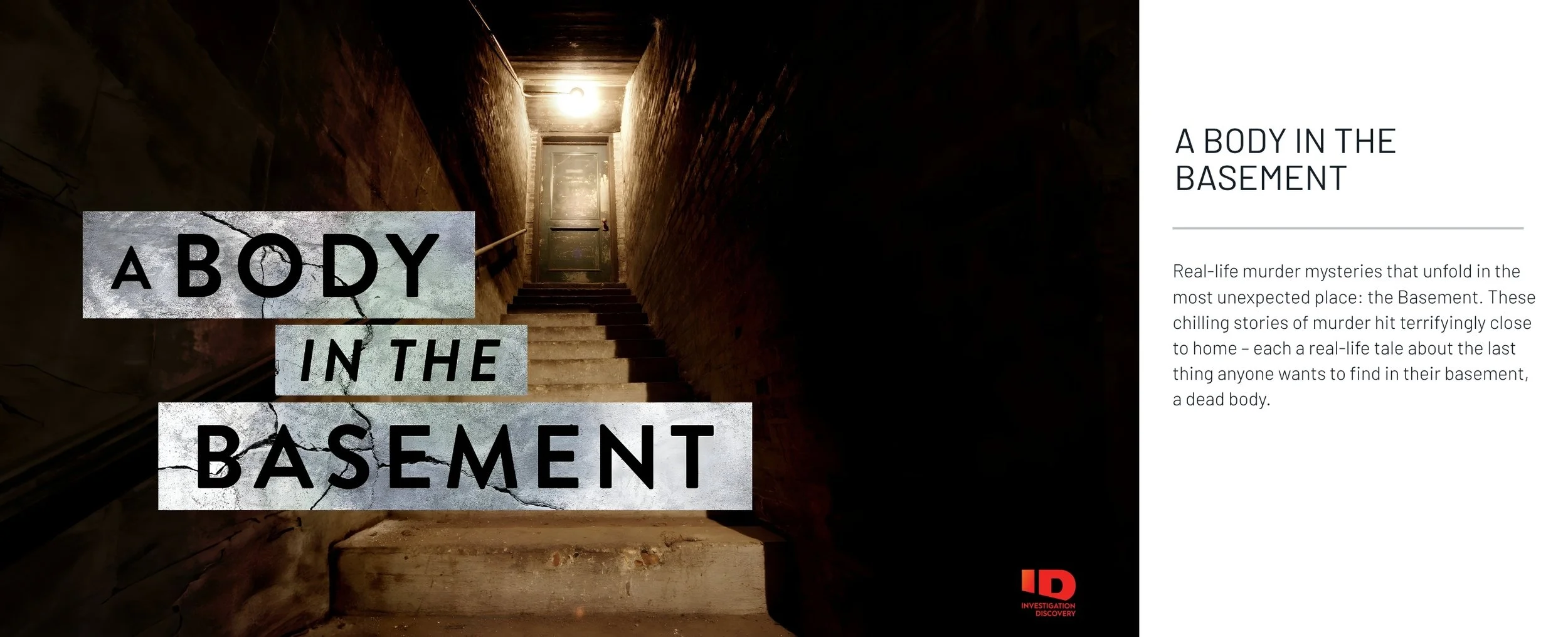 A dimly lit basement staircase with a door at the top, used as the background for text about murder mysteries in basements.