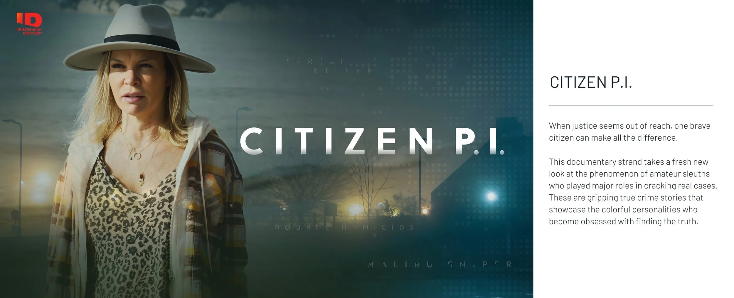Promotional poster for the documentary series 'Citizen P.I.' featuring a woman with blonde hair wearing a beige hat, a leopard print top, and a multicolored jacket with a cityscape and a dark sky background.