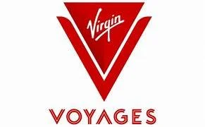 Virgin Voyages logo with a red triangular emblem and text