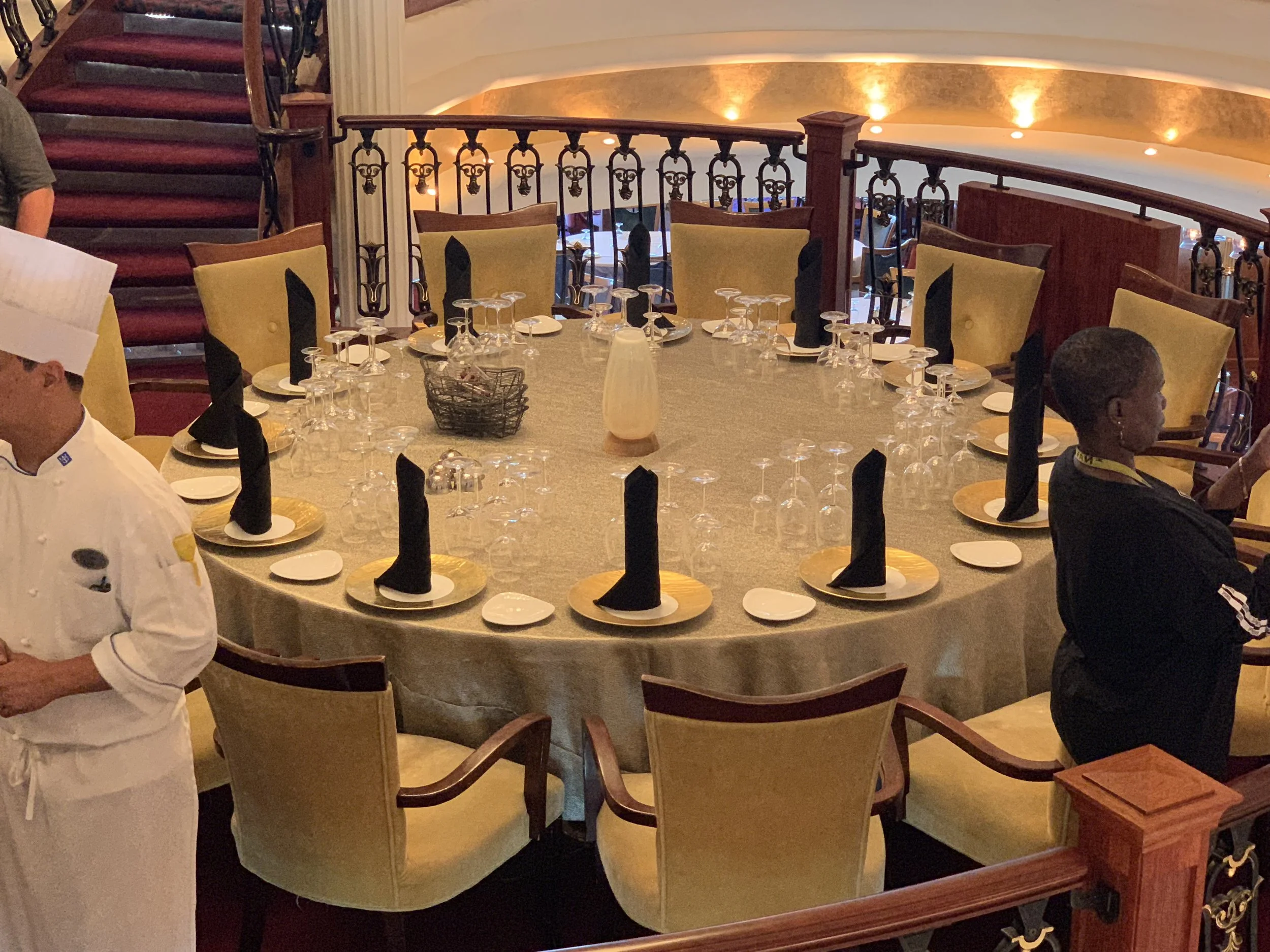 Large family reunion group gathering for dinner on a cruise ship.