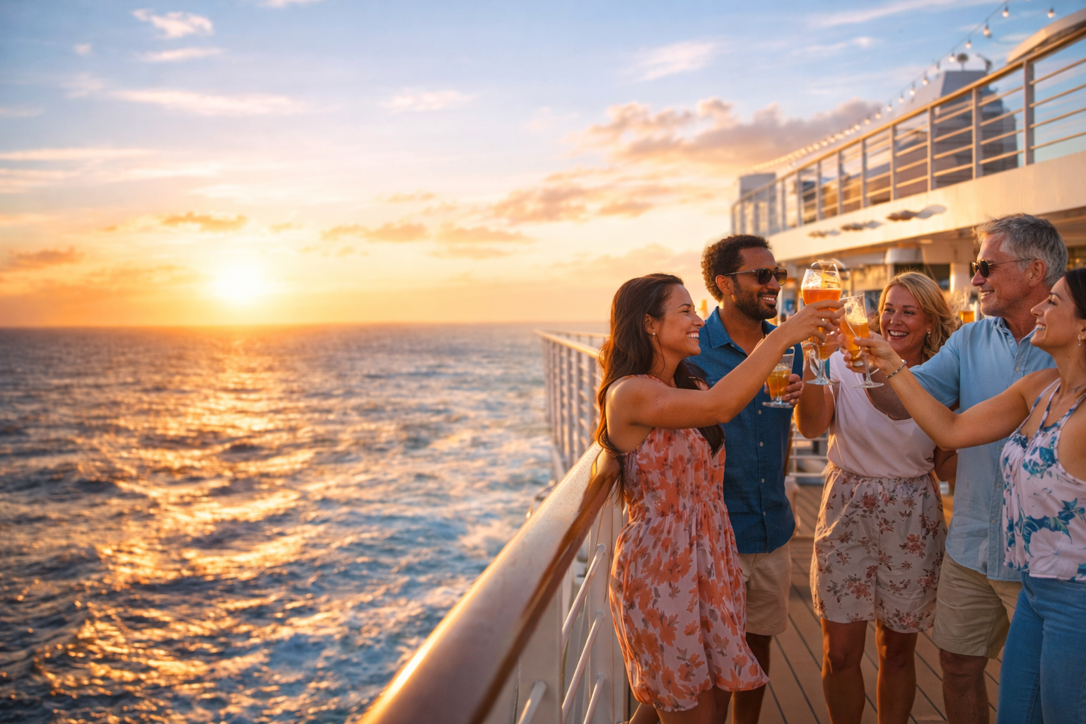 Group of friends enjoying a sunset on a Caribbean cruise deck.