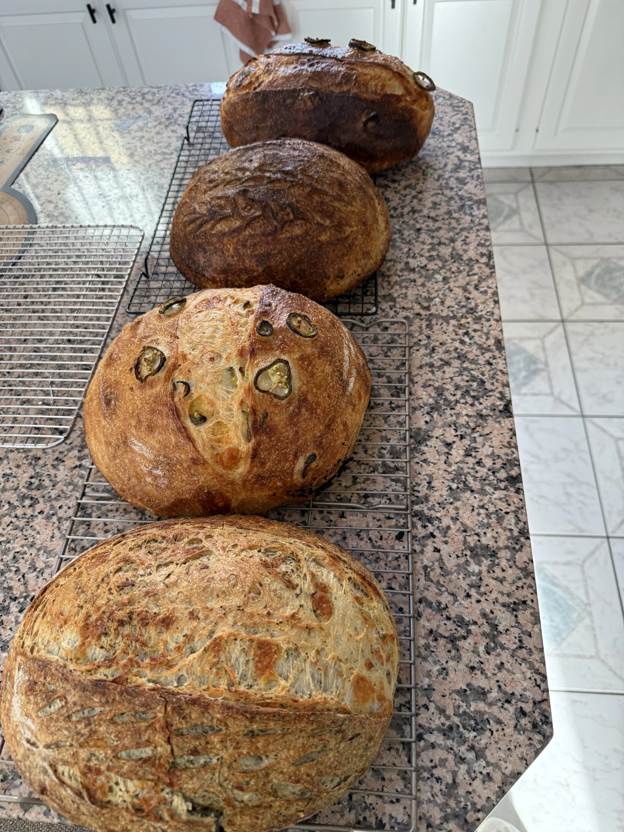 Four freshly baked loaves of sourdough