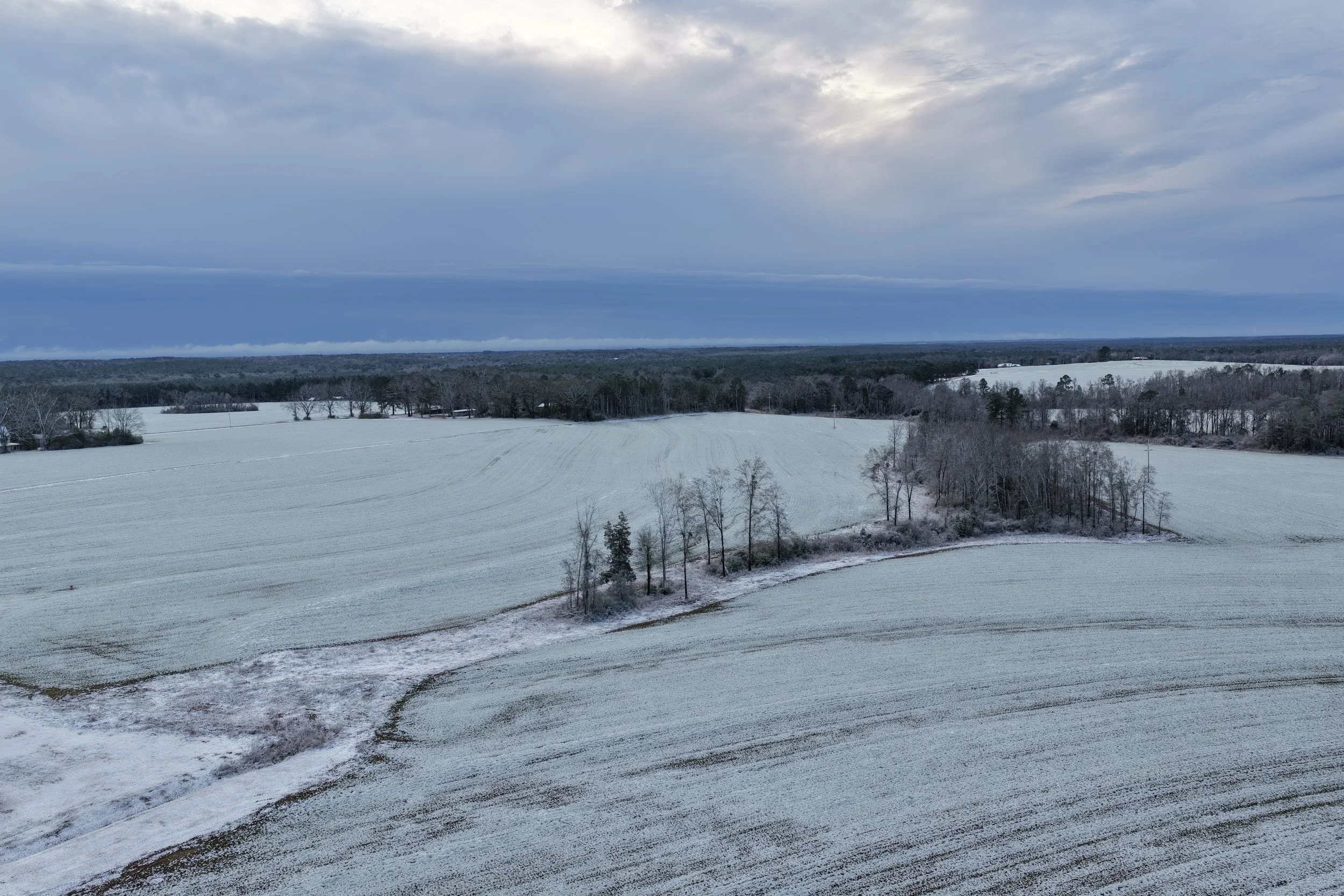 A winter landscape of snow-covered fields and sparse leafless trees, with a cloudy sky overhead.