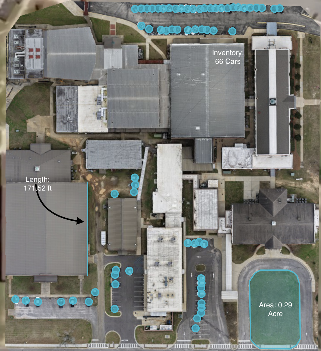 An aerial view of a campus or complex with multiple buildings, parking lots, and a sports field. The image features embedded measurements indicating a length of 171.52 feet for a specific area and an area of 0.29 acres for the sports field, with highlighted points along a walking path.