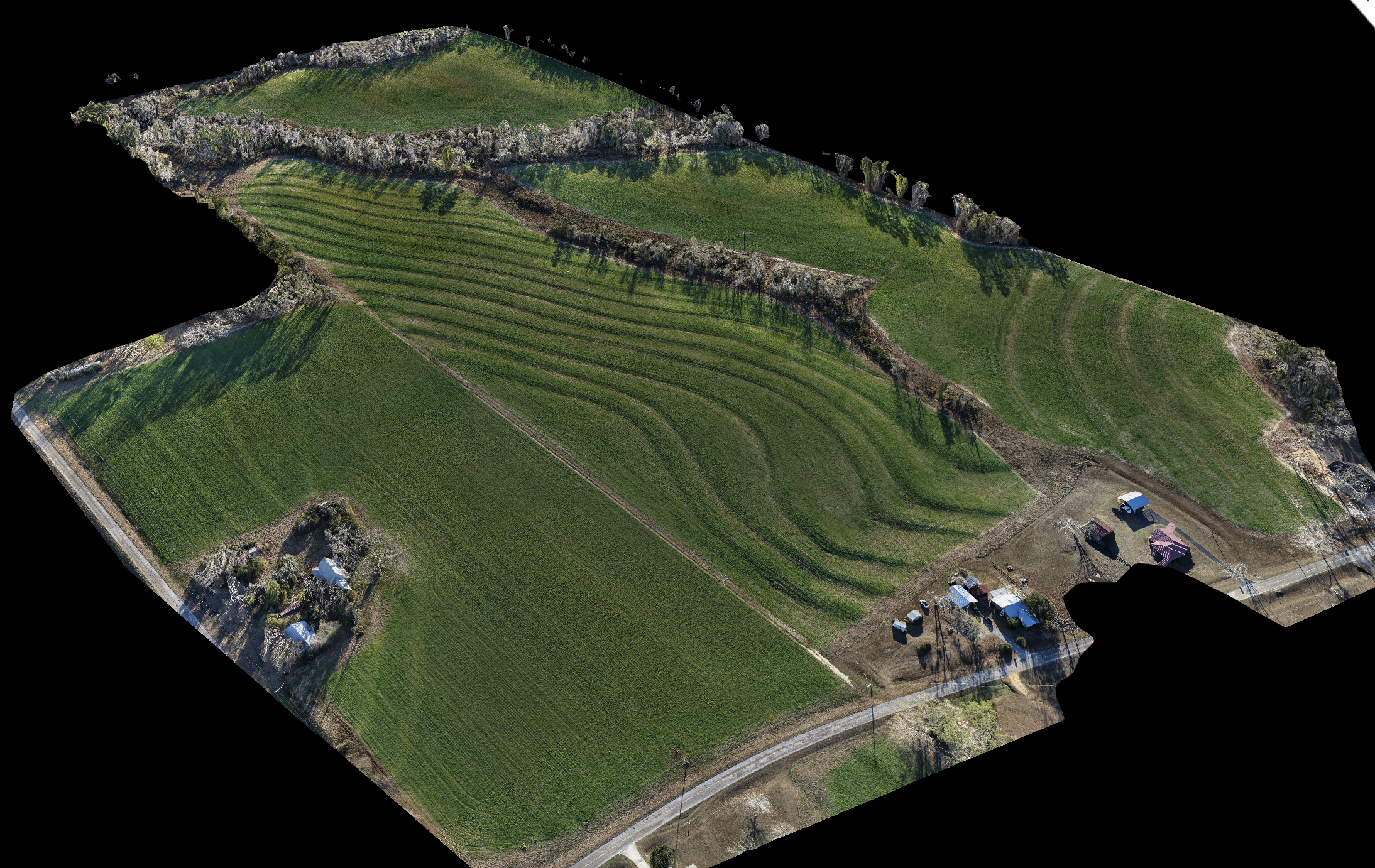 High-resolution orthomosaic imagery providing a clear overview of field layout and features.