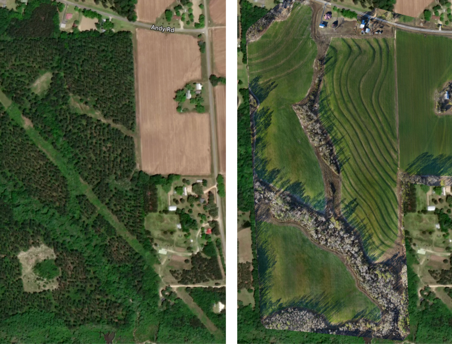 Satellite image comparing two landscapes: the left side shows a rural area with dense forests and farmland, while the right side features fields with contour plowing and rocky stream beds.