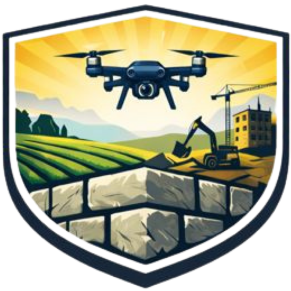 A drone flying above a construction site with a bulldozer and a crane, set against a scenic landscape with fields, mountains, and a yellow sky.