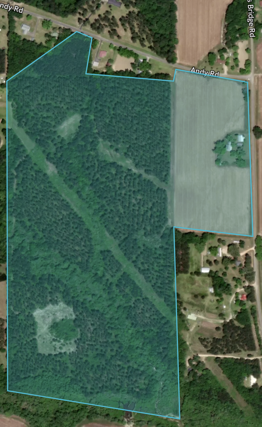 Mapped property and field boundaries overlaid on aerial imagery for updated land evaluation and planning. (Google Maps Old)