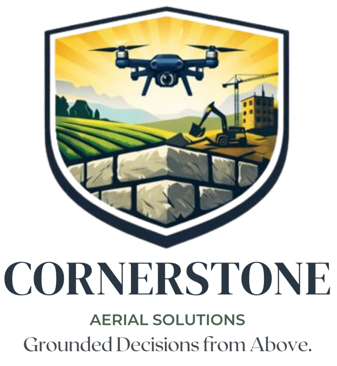 A logo for Cornerstone Aerial Solutions featuring a drone flying over construction and farmland, with a hillside and a building under construction in the background, and a shield-shaped design.