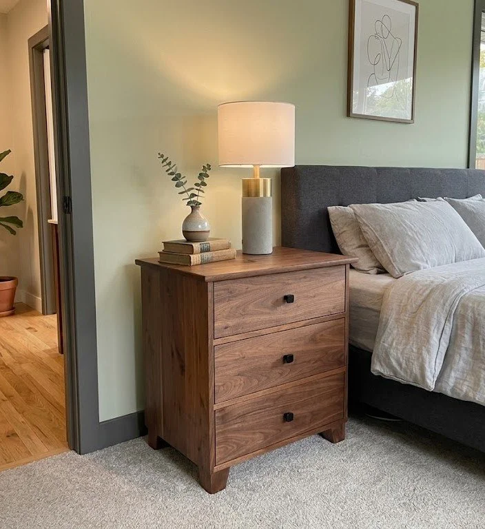 Modern handcrafted solid walnut 3 drawer nightstand. 