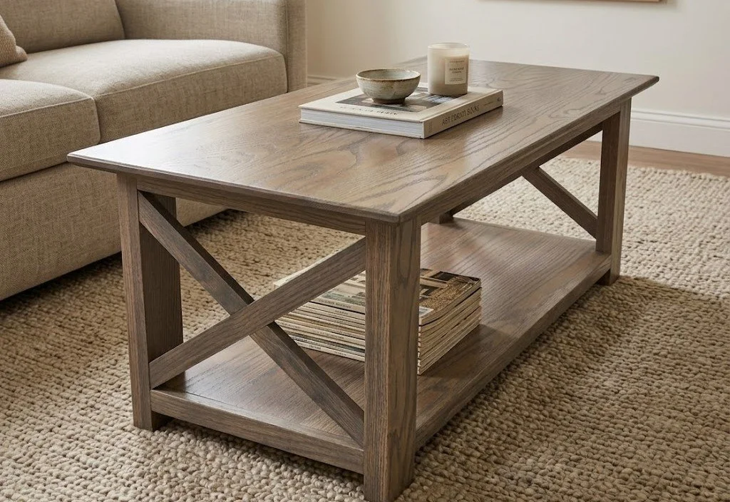 Gray red oak farmhouse style coffee table with cross ends and bottom shelf. 