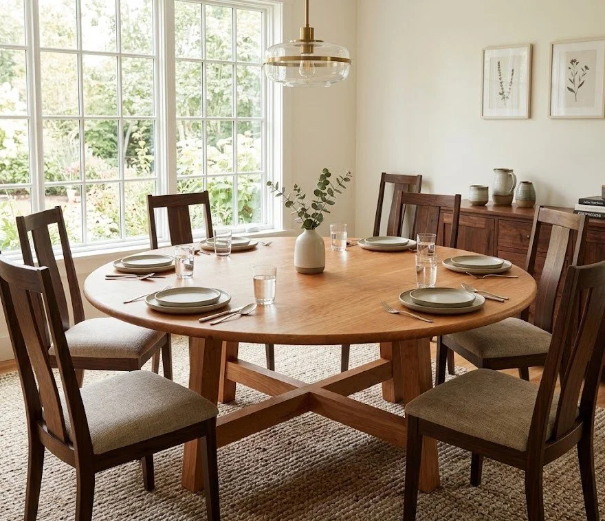 Large handcrafted round solid cherry dining table with cross leg solid cherry base. 