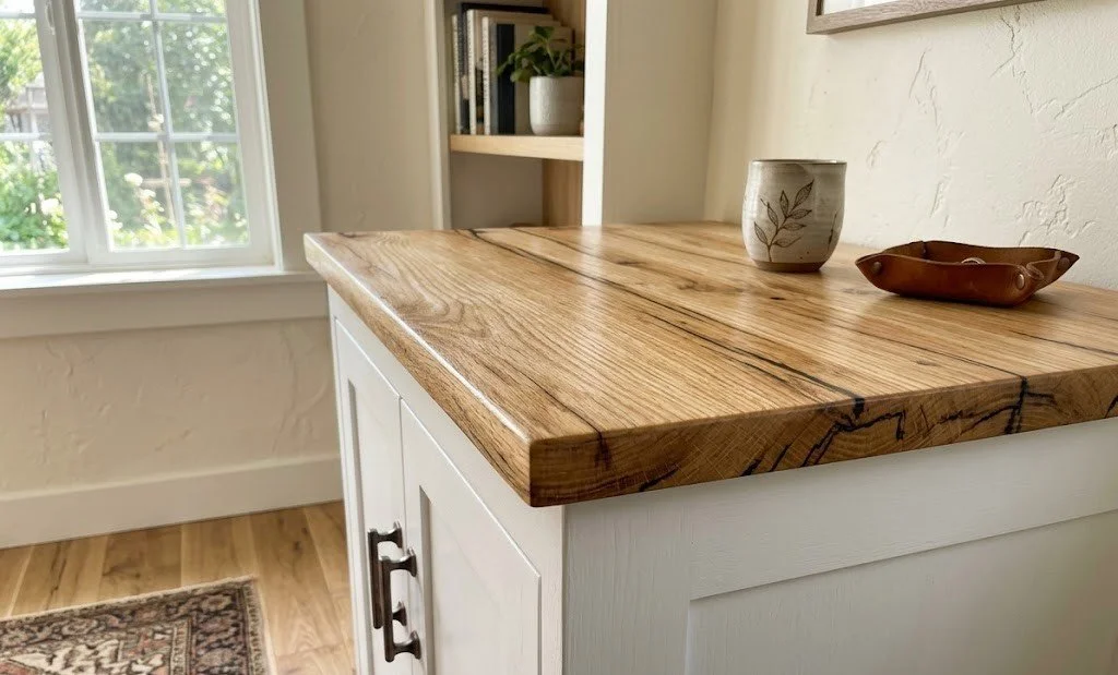 Free-standing coffee bar cabinet with natural rustic red oak wood top and painted base. 